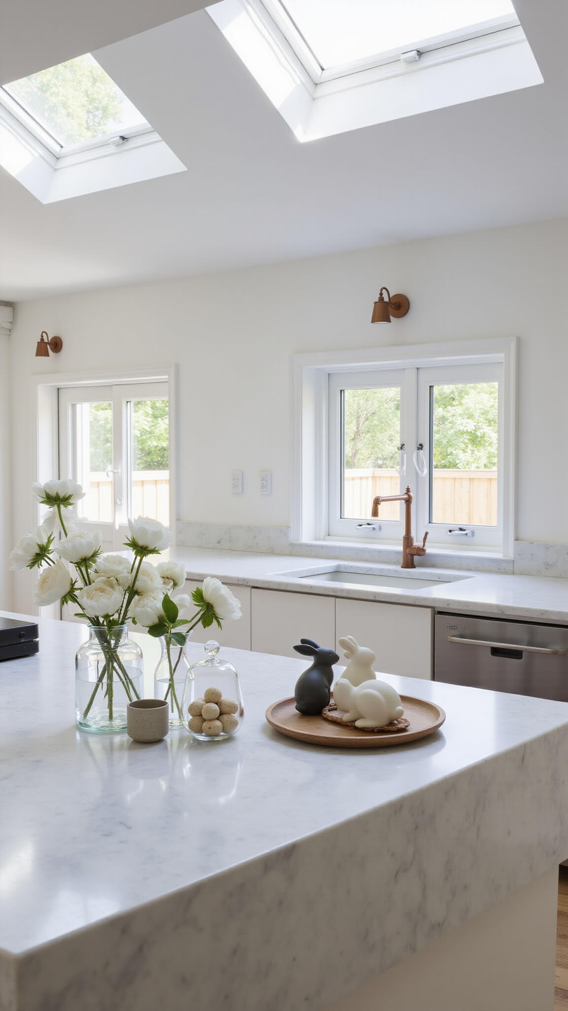 Minimalist open-concept kitchen with marble waterfall island, Easter-themed decor including glass cloches with artisanal eggs, matte ceramic bunnies, white anemones in glass vases, and warm copper accents, seen in mid-afternoon skylight.