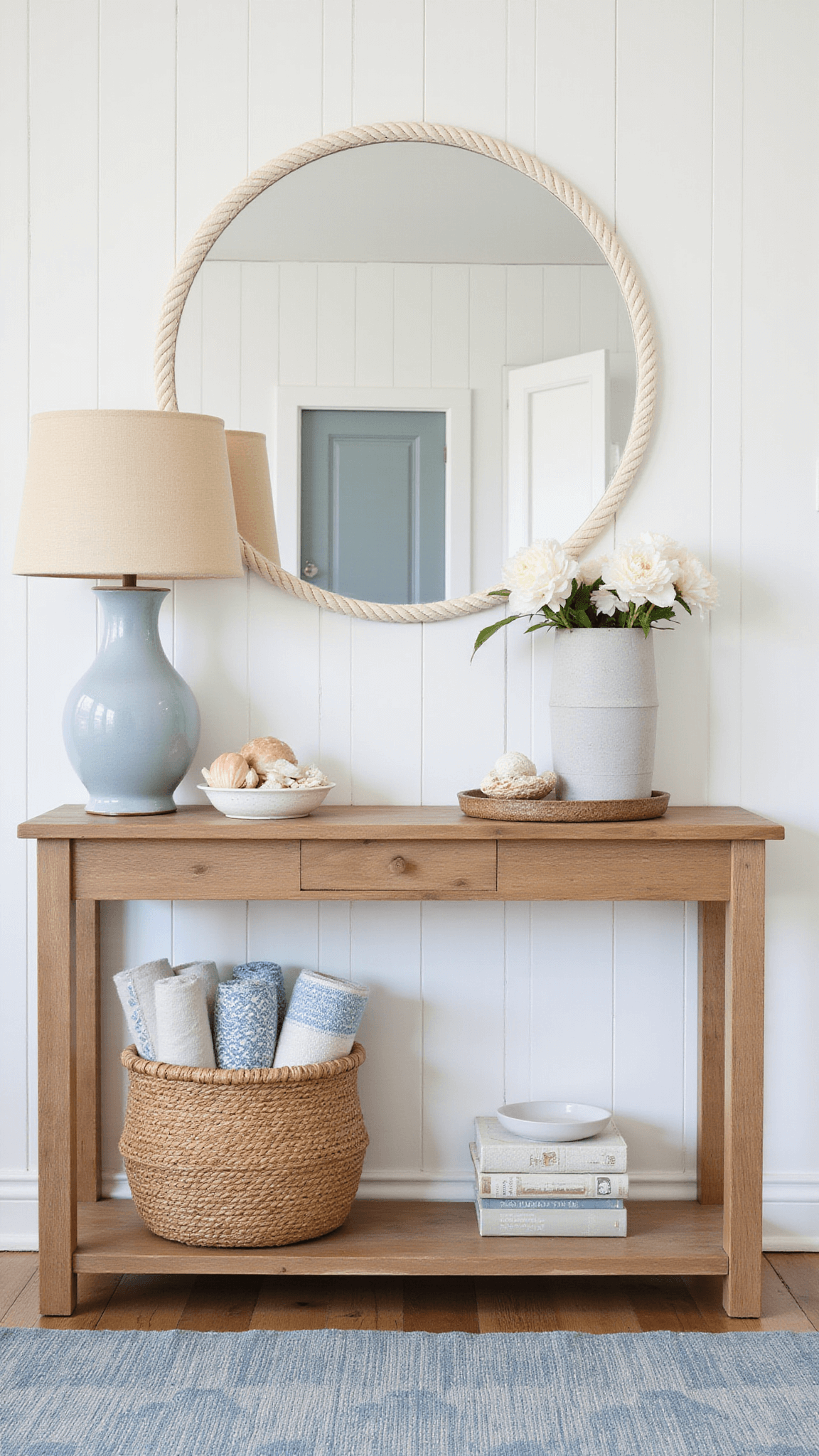 Coastal entryway with white board and batten walls, blue-gray vintage runner, bleached oak console table, round rope mirror, woven basket of beach blankets, ceramic lamp, and shell collection under glass.