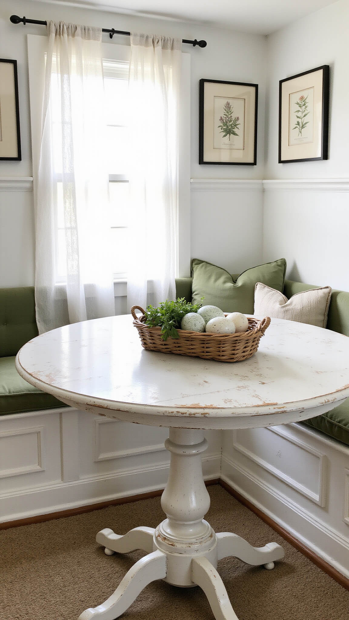 Cozy 10x12ft breakfast nook with bay window, built-in banquette, rustic round table, natural light through linen curtains, whitewashed walls, sage green cushions, and vintage botanical prints.
