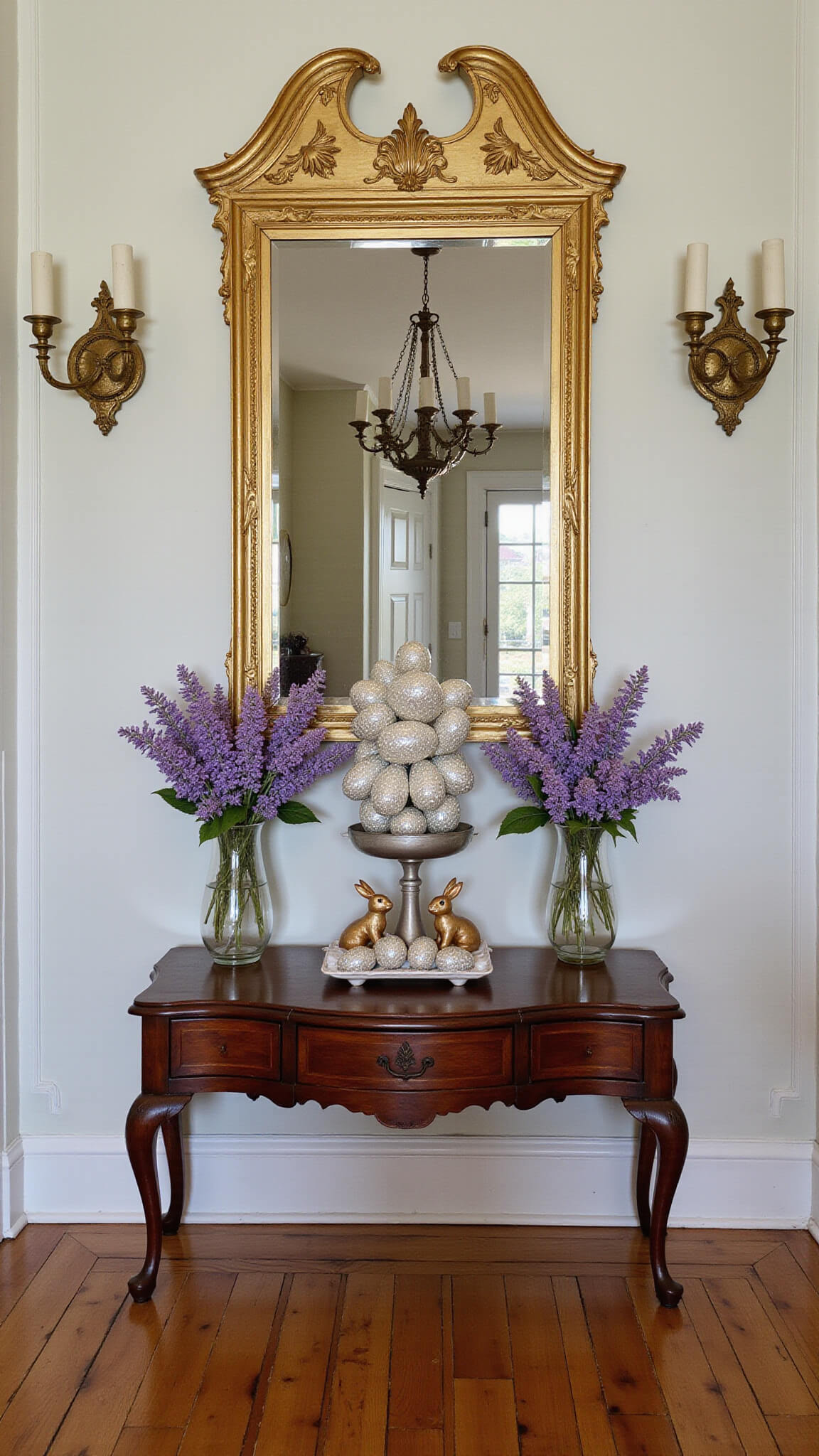 Victorian-style entryway with hardwood floors, ornate molding, antique console table, vintage brass sconces, gilded mirror, and floral accents in dusk lighting.