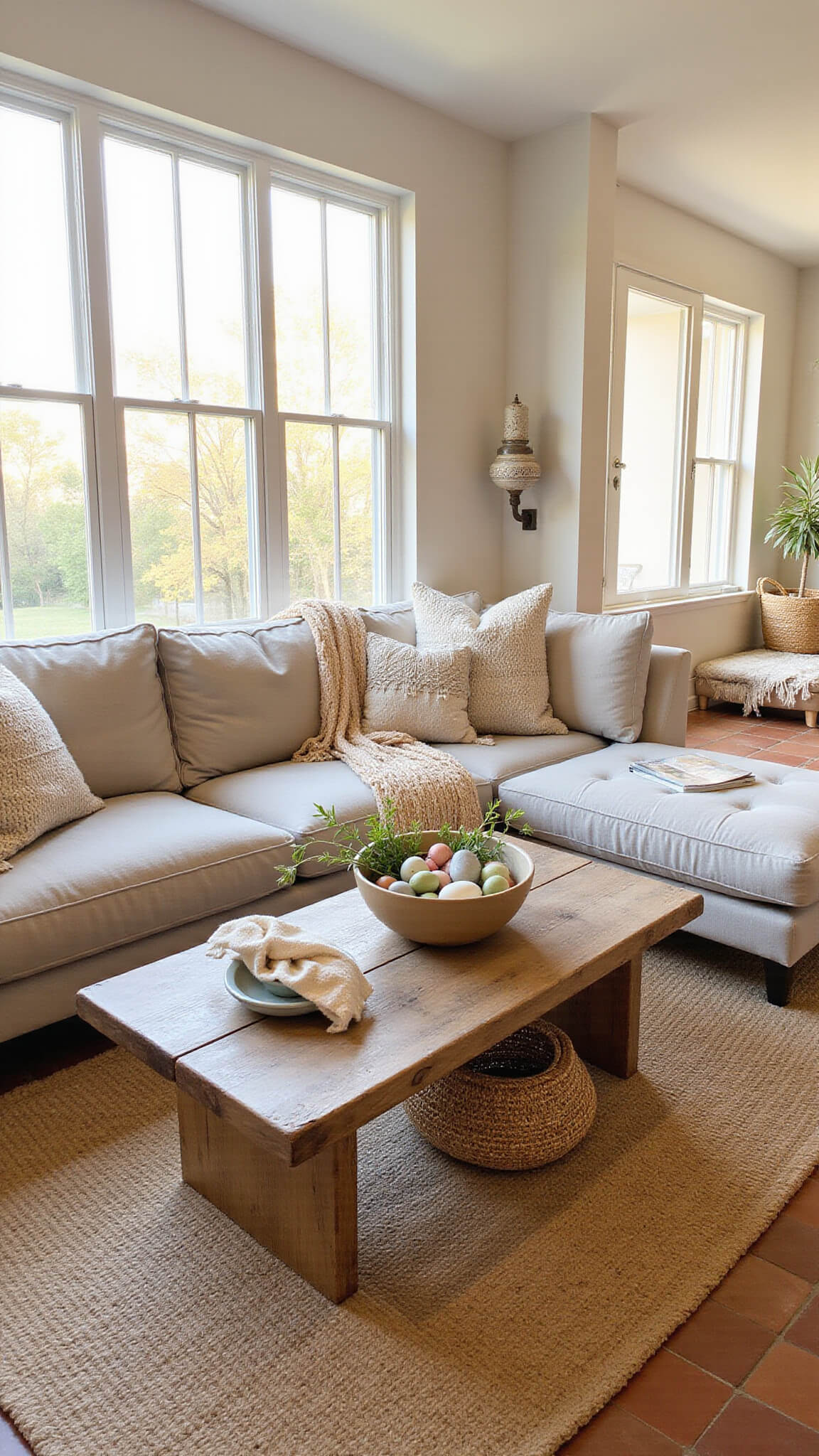 Modern bohemian family room with oatmeal linen sectional, macramé pillows, reclaimed wood coffee table centered with ceramic bowl of pastel eggs and olive branches, rattan baskets with pampas grass, natural fiber rug over terracotta tiles, and floor-to-ceiling windows in golden afternoon light.