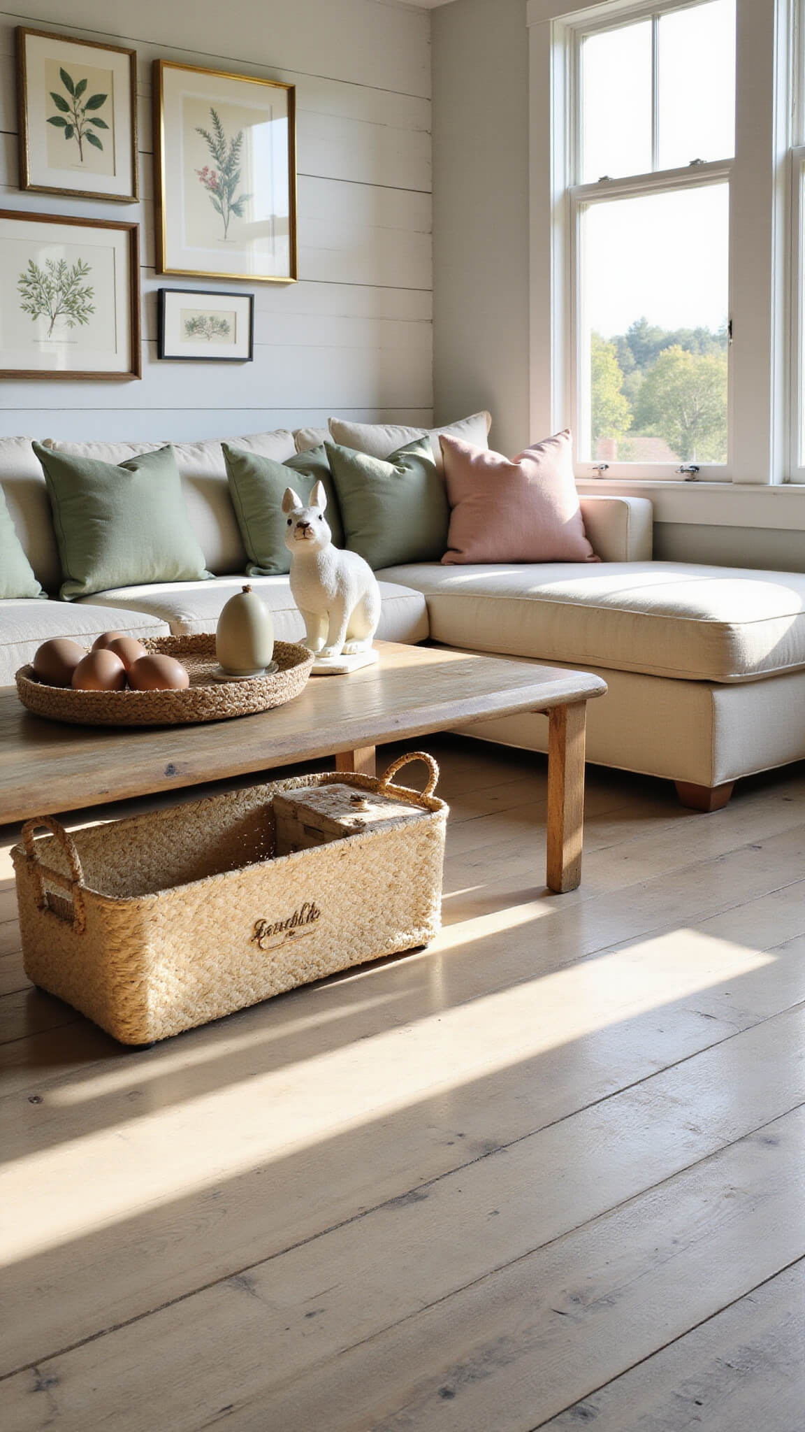 Sunlit farmhouse living room with vintage sofa, rustic coffee table, seagrass basket, and botanical prints glowing in golden hour light.