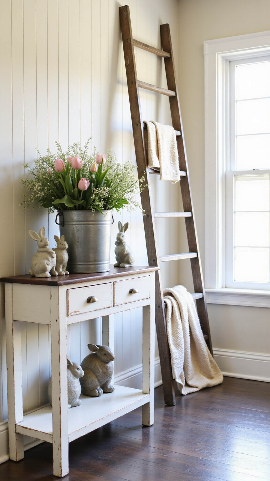 Farmhouse entryway with distressed white console table, zinc bucket of baby's breath and tulips, concrete bunny figurines, and vintage ladder with linen throw in soft morning light.