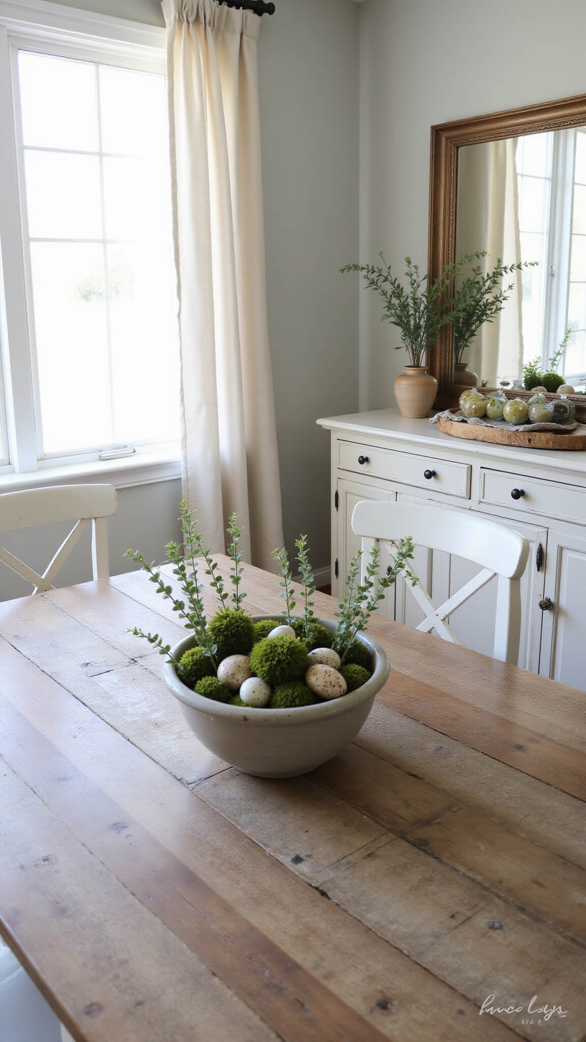 Breakfast scene in a 12x14ft dining room with diffused morning light, a weathered oak farmhouse table set with a vintage dough bowl of speckled eggs, moss balls, and eucalyptus, surrounded by whitewashed cross-back chairs and reflected in a large antiqued mirror.