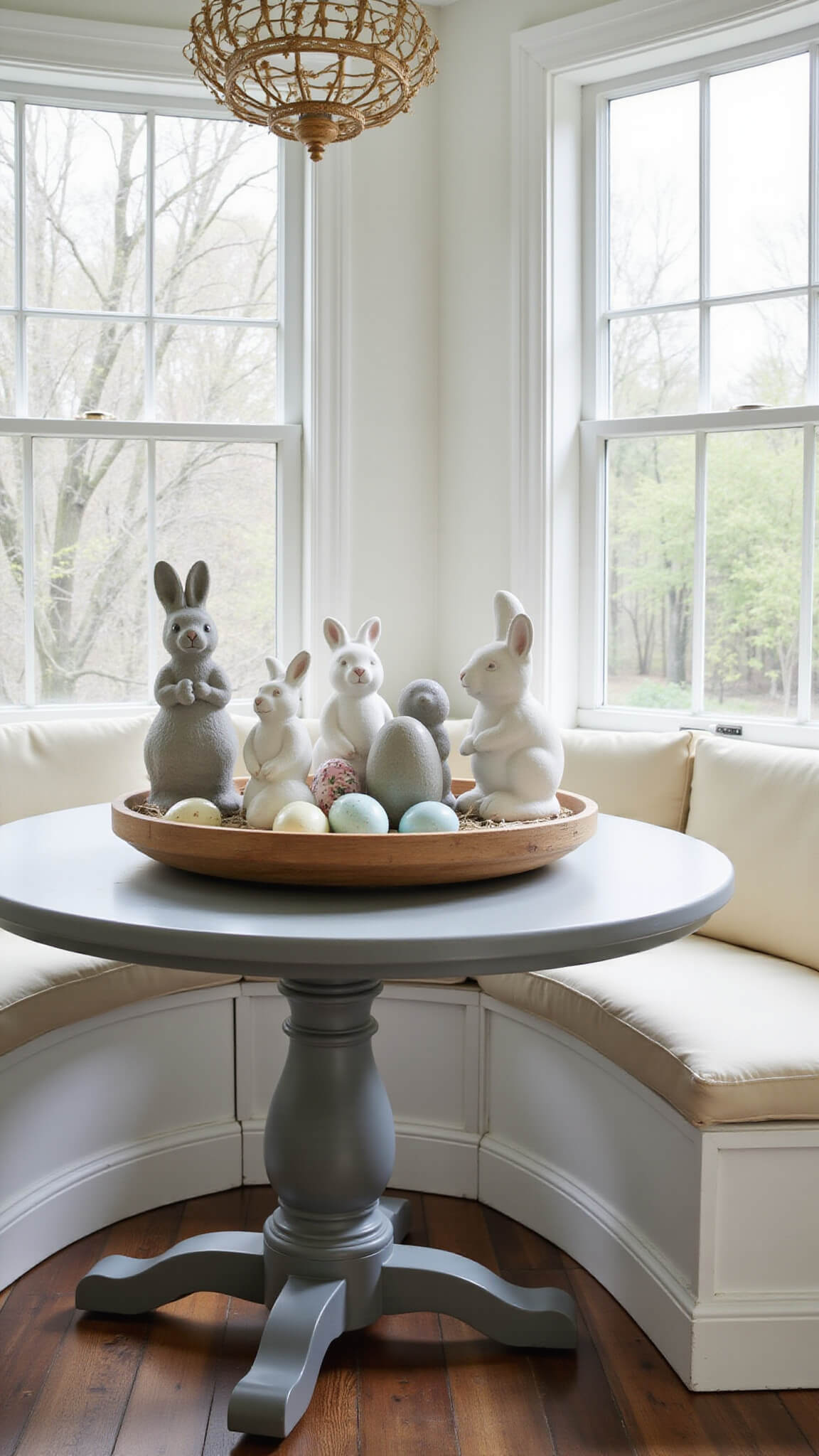 Cozy breakfast nook with built-in window seats, round chalk-painted table, ceramic bunnies centerpiece, and dyed eggs in a wooden bowl, softly lit in early afternoon.