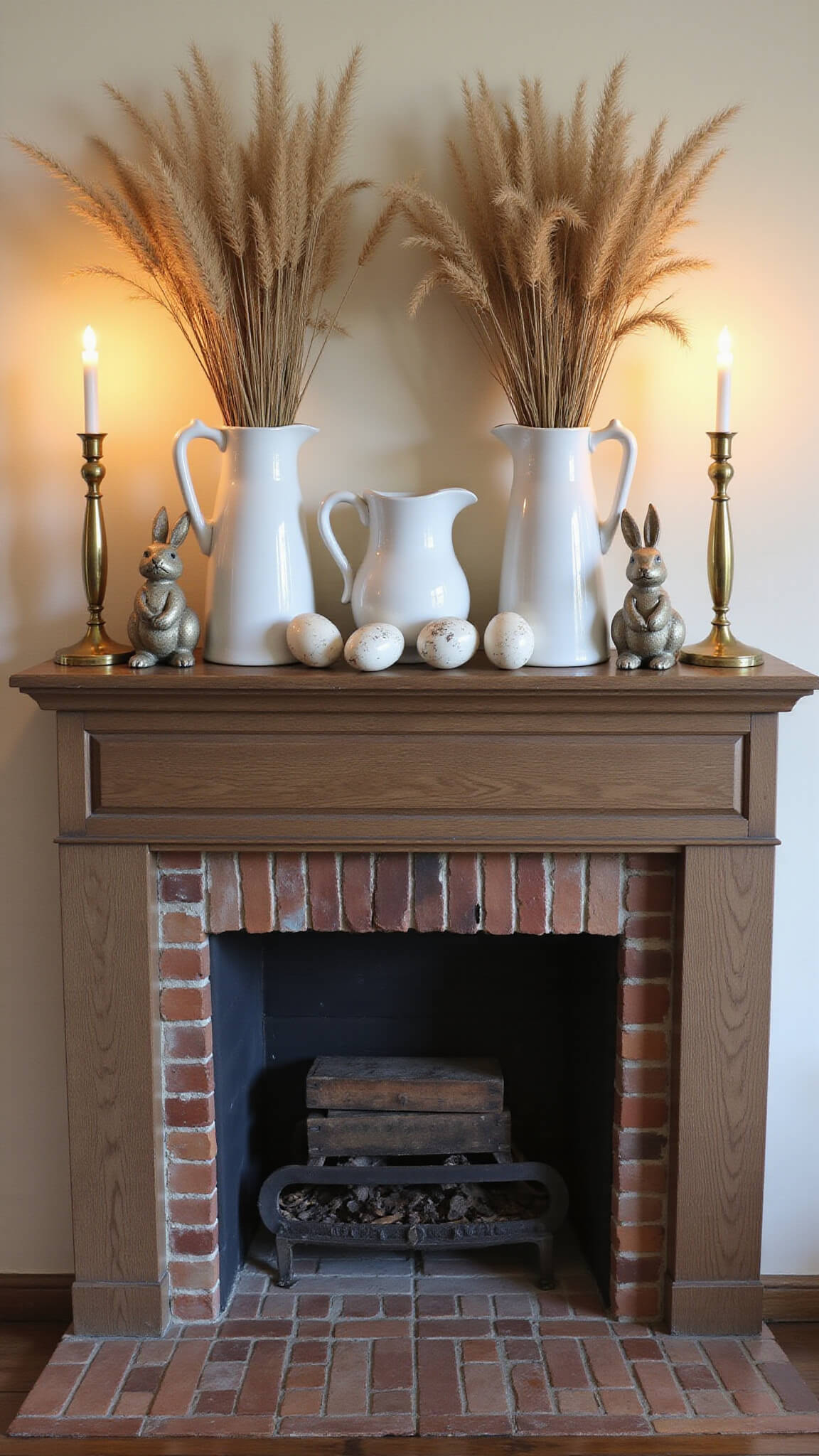 Weathered oak fireplace mantel styled with white ceramic pitchers of dried wheat grass, antiqued mirror eggs, wooden bunnies, and vintage brass candlesticks, softly lit at dusk.