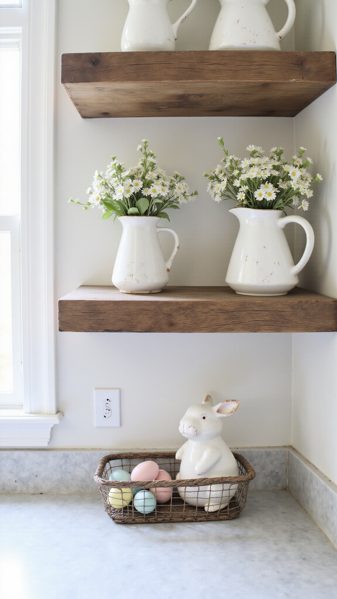 Spring-themed kitchen vignette with open reclaimed wood shelves holding ironstone pitchers of pussy willows and cherry blossoms, marble countertop displaying pastel eggs in a wire basket and a distressed ceramic bunny.