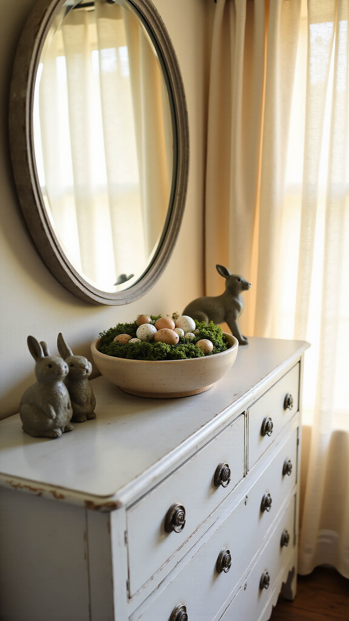 Vintage whitewashed dresser with round mirror, moss-filled pottery bowl, and stone rabbits in golden hour light.