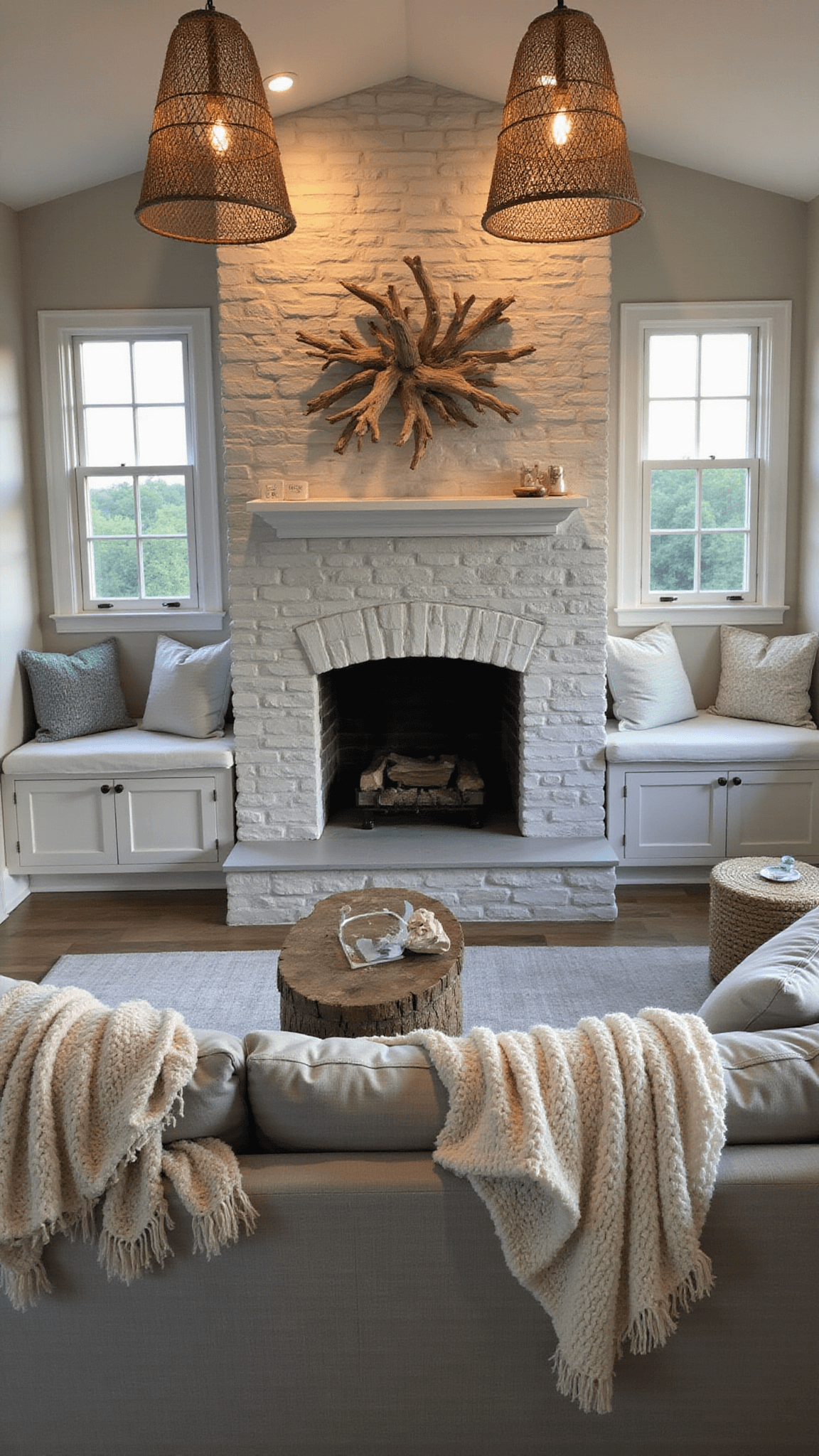 Cozy coastal family room at dusk with stone fireplace, driftwood art, greige sectional, textured pillows, and ambient woven pendant lighting.
