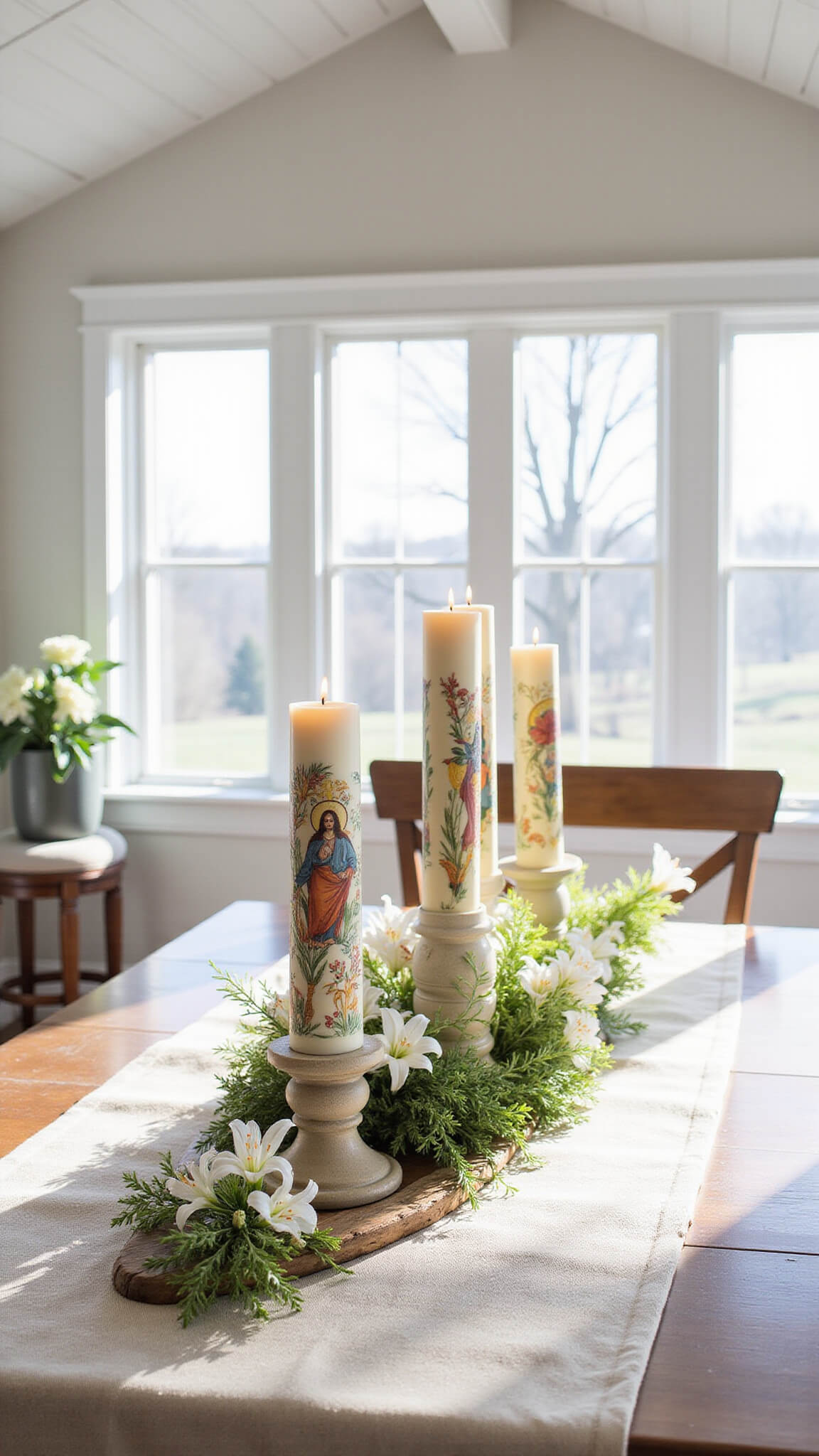 Modern farmhouse dining room with vaulted ceiling and Easter centerpiece featuring three ornate Greek Orthodox candles on a rustic wooden table with lily arrangements and natural linen tablecloth.