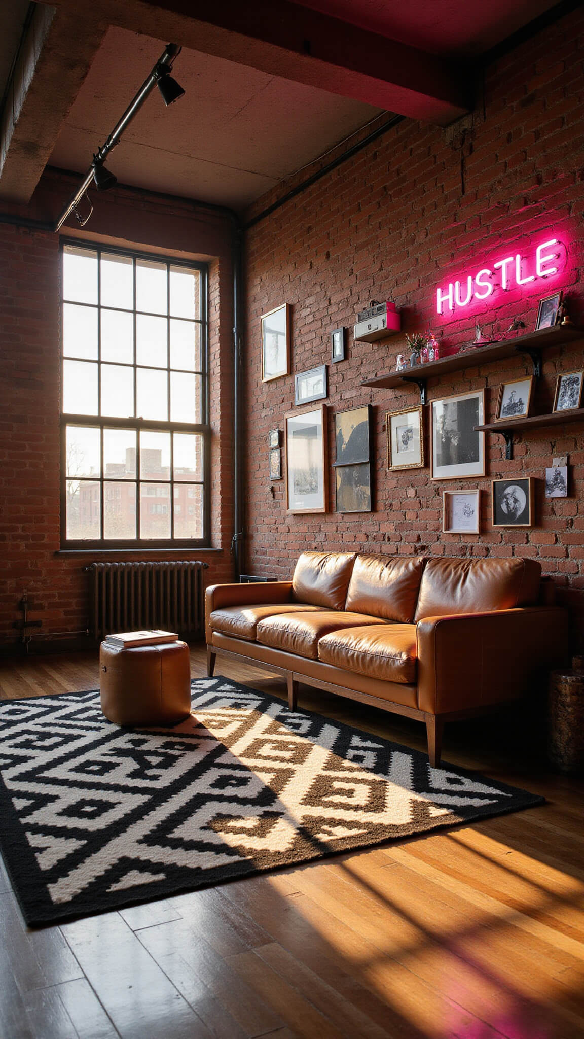 Industrial loft living room with exposed brick walls, leather sofa, street art gallery, and neon 