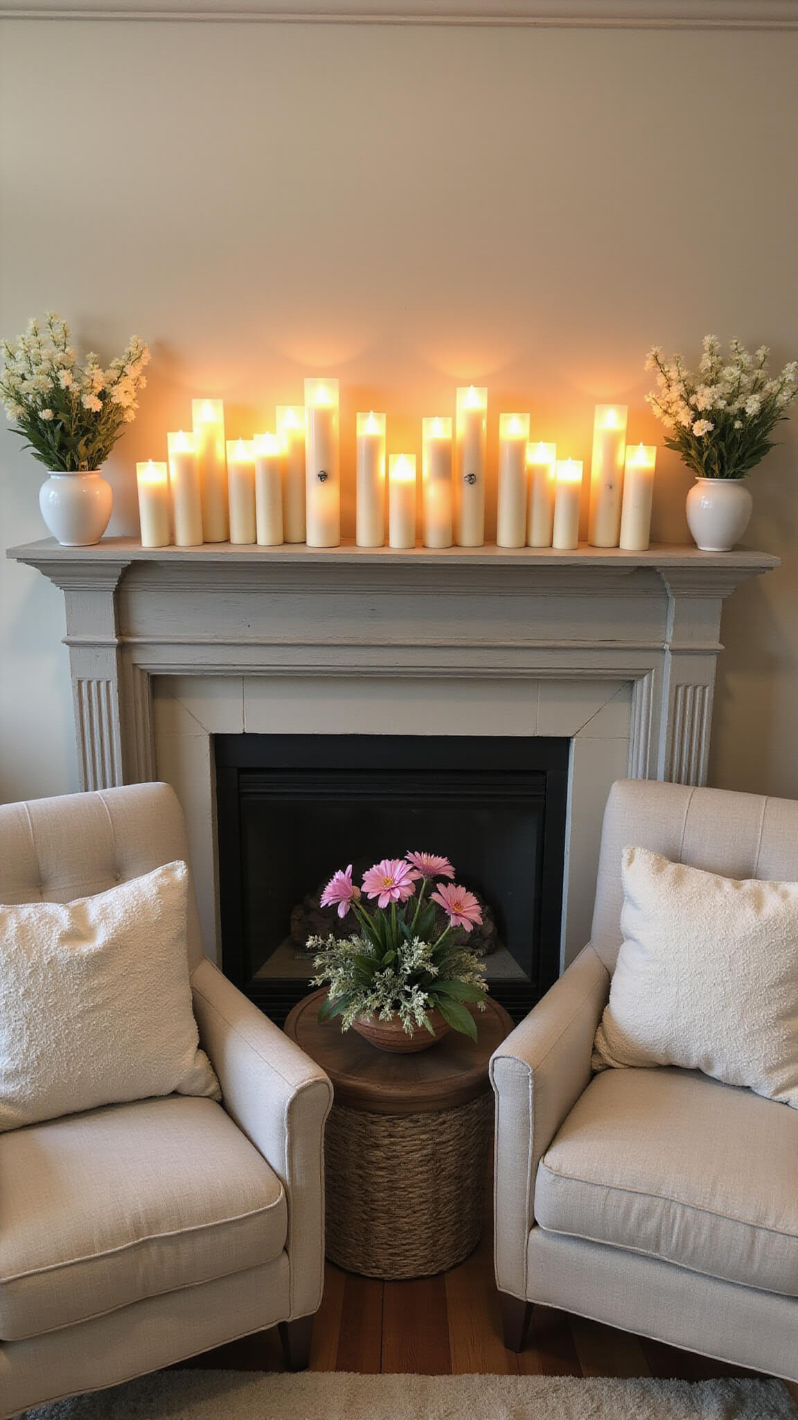 Cozy living room with flameless Easter candles on gray mantel, pastel pillows, and spring flowers at golden hour.