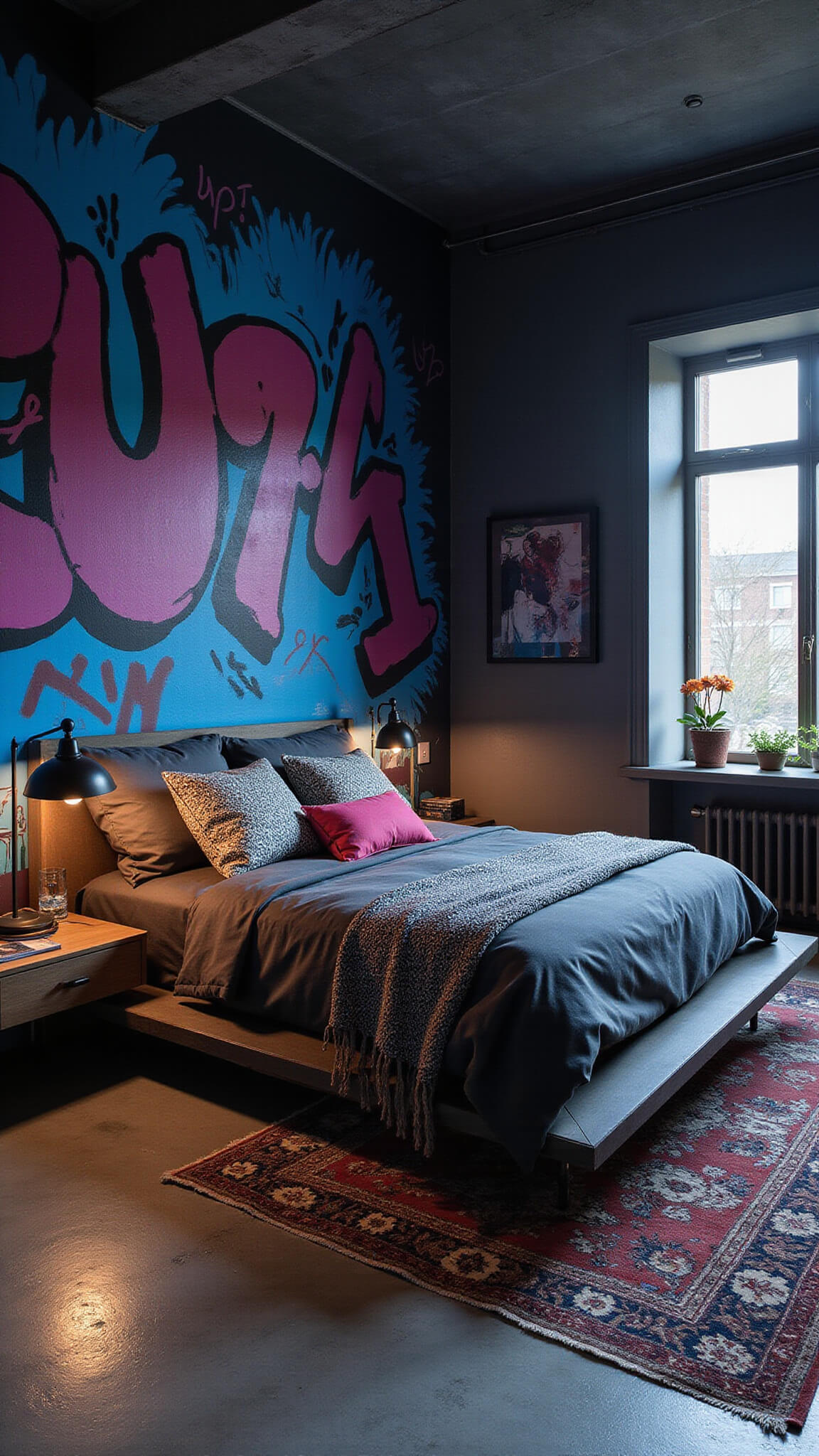 Moody late evening bedroom with graffiti mural, platform bed in streetwear-inspired linens, industrial pendant lights, and vintage rug on concrete floor.