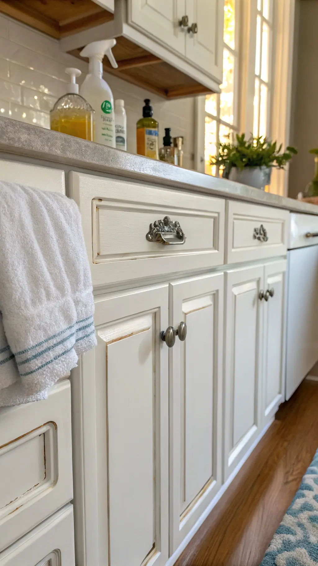 Close-up of a white kitchen cabinet being gently cleaned with a soft cloth in natural afternoon light, highlighting surface texture and sheen.