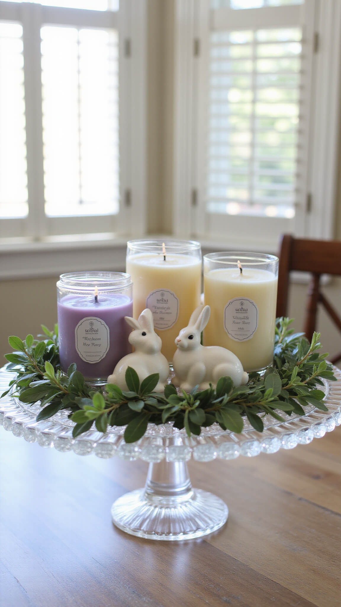 Easter-themed breakfast nook with 3-wick candles on a crystal stand, eucalyptus sprigs, and ceramic bunnies in morning light by a bay window.