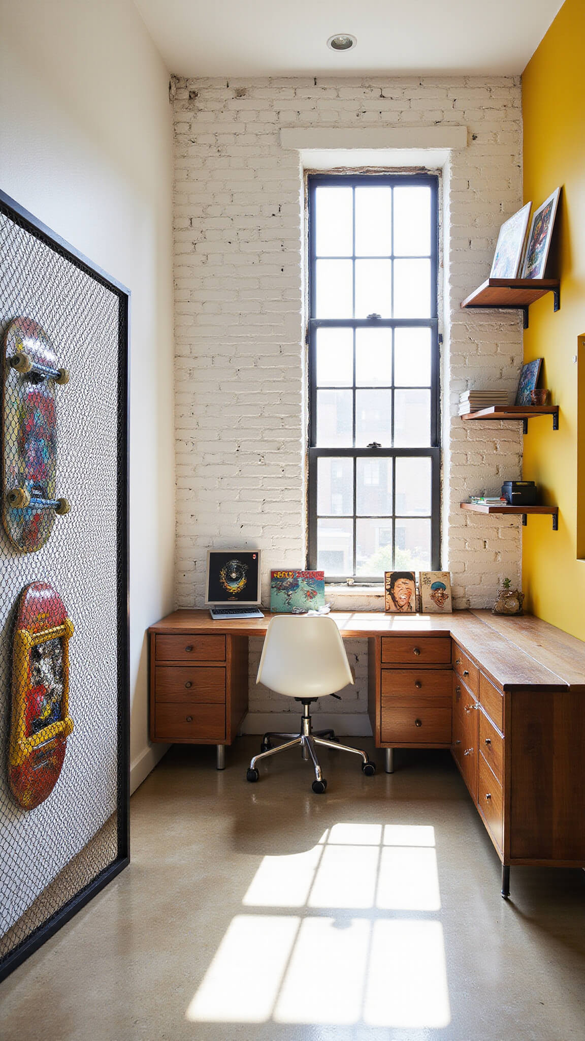 Creative workspace with whitewashed brick walls, skateboard deck art, reclaimed wood desk, Eames-style chair, metal mesh divider, floating shelves with collectibles, yellow accent wall, and large factory windows.