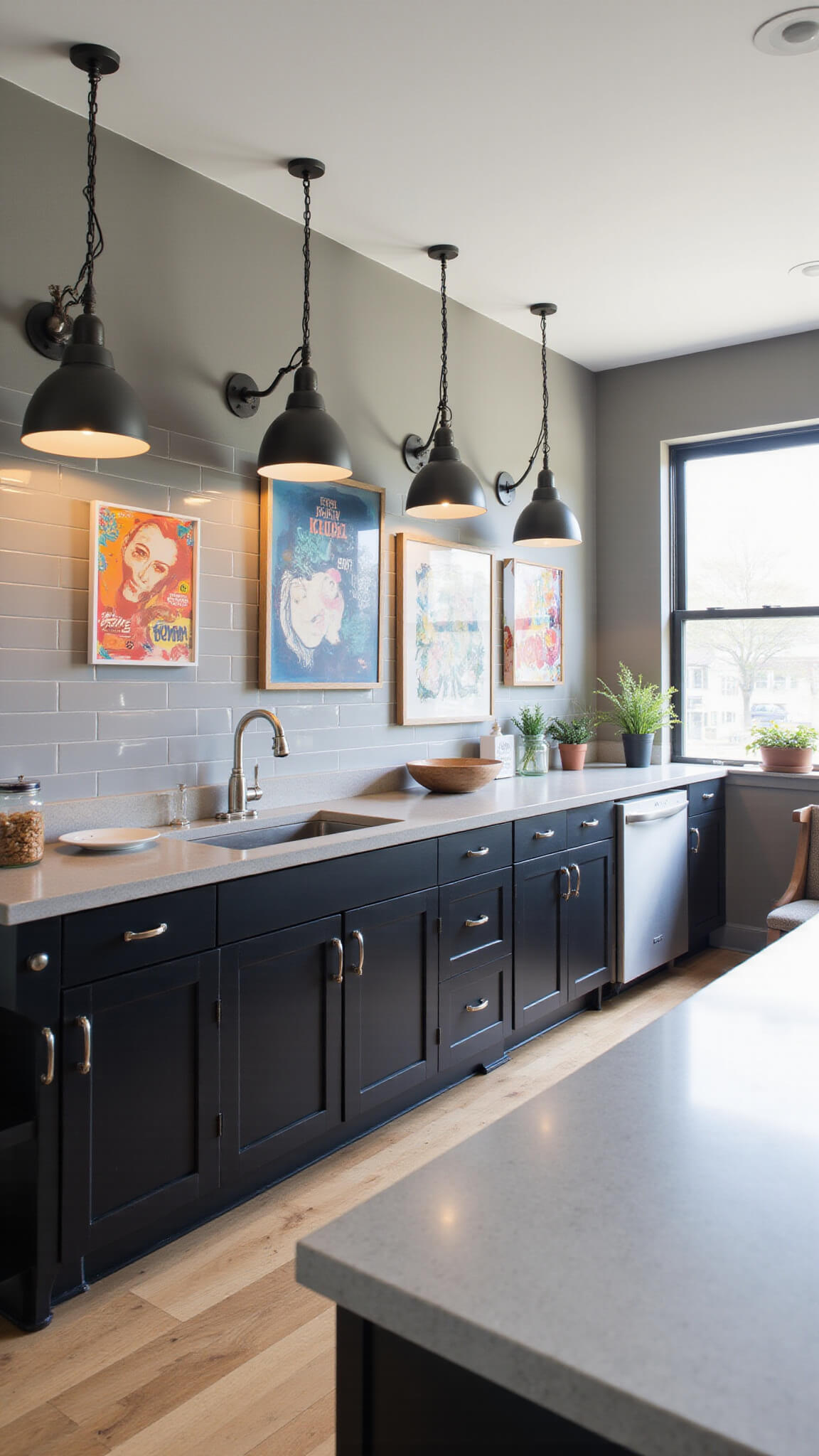 Modern 16x12ft kitchen with matte black cabinets, polished concrete countertops, subway tile backsplash with spray paint art, industrial pendant lights, and pop art prints in natural morning light.