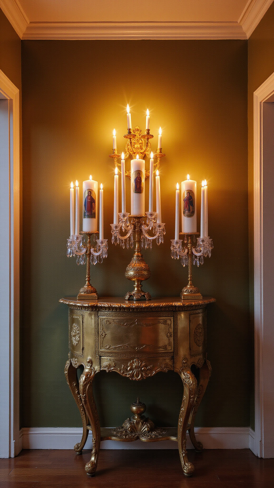 Victorian entryway at dusk with antique brass console table, religious Easter candles in crystal holders, uplighting highlighting icons, and original crown molding.