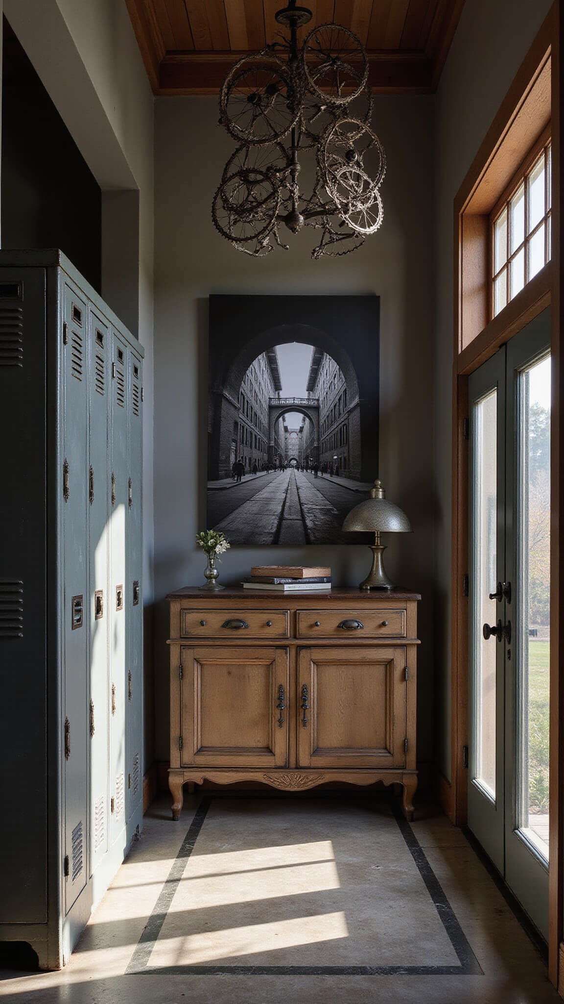 Dramatic industrial entryway with 14ft ceiling, vintage metal locker storage, black and white urban photography, sculptural bicycle-part light fixture, and stained concrete floor, viewed from low angle with moody lighting.