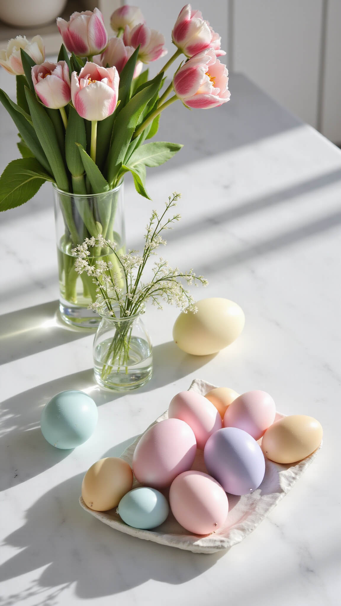 Overhead view of a contemporary kitchen island with pastel Easter egg candles arranged geometrically on a marble countertop, accented by spring flowers in glass vases under soft morning light.