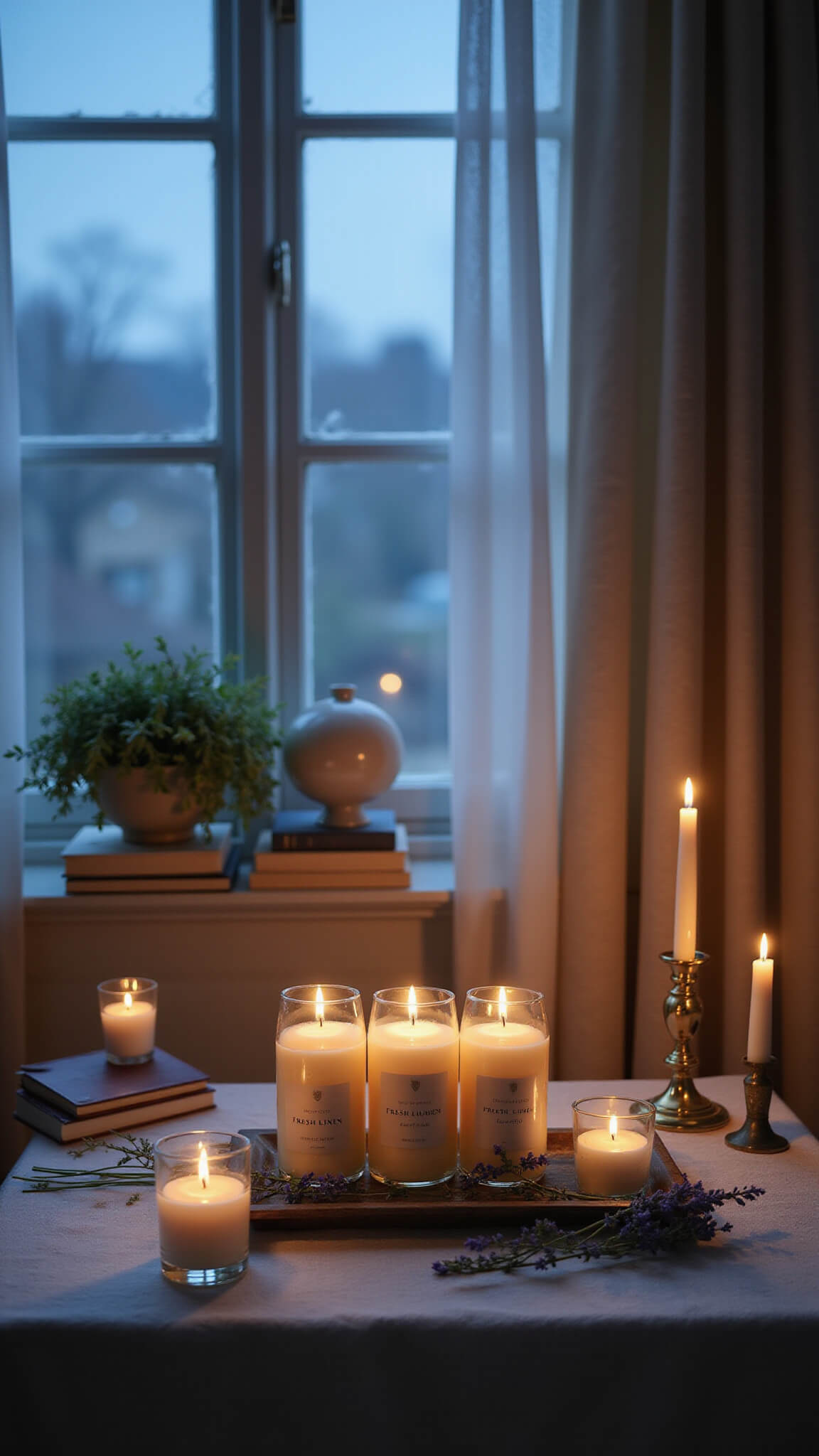 Rustic spring bedroom at twilight featuring a bedside table with a three-wick fresh linen candle, smaller votives, vintage brass accents, and lavender sprigs, lit by moody blue hour light through sheer curtains.
