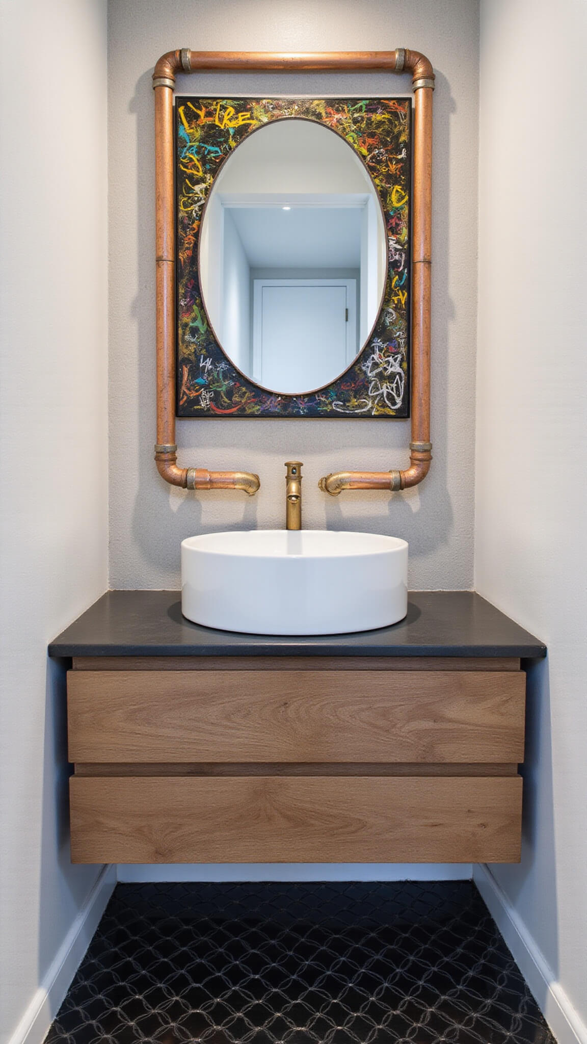 Contemporary 8x10ft bathroom with copper exposed pipes, graffiti-framed mirror, black hex tile floor with colorful grout, urban photo series, and industrial mixed metal fixtures.