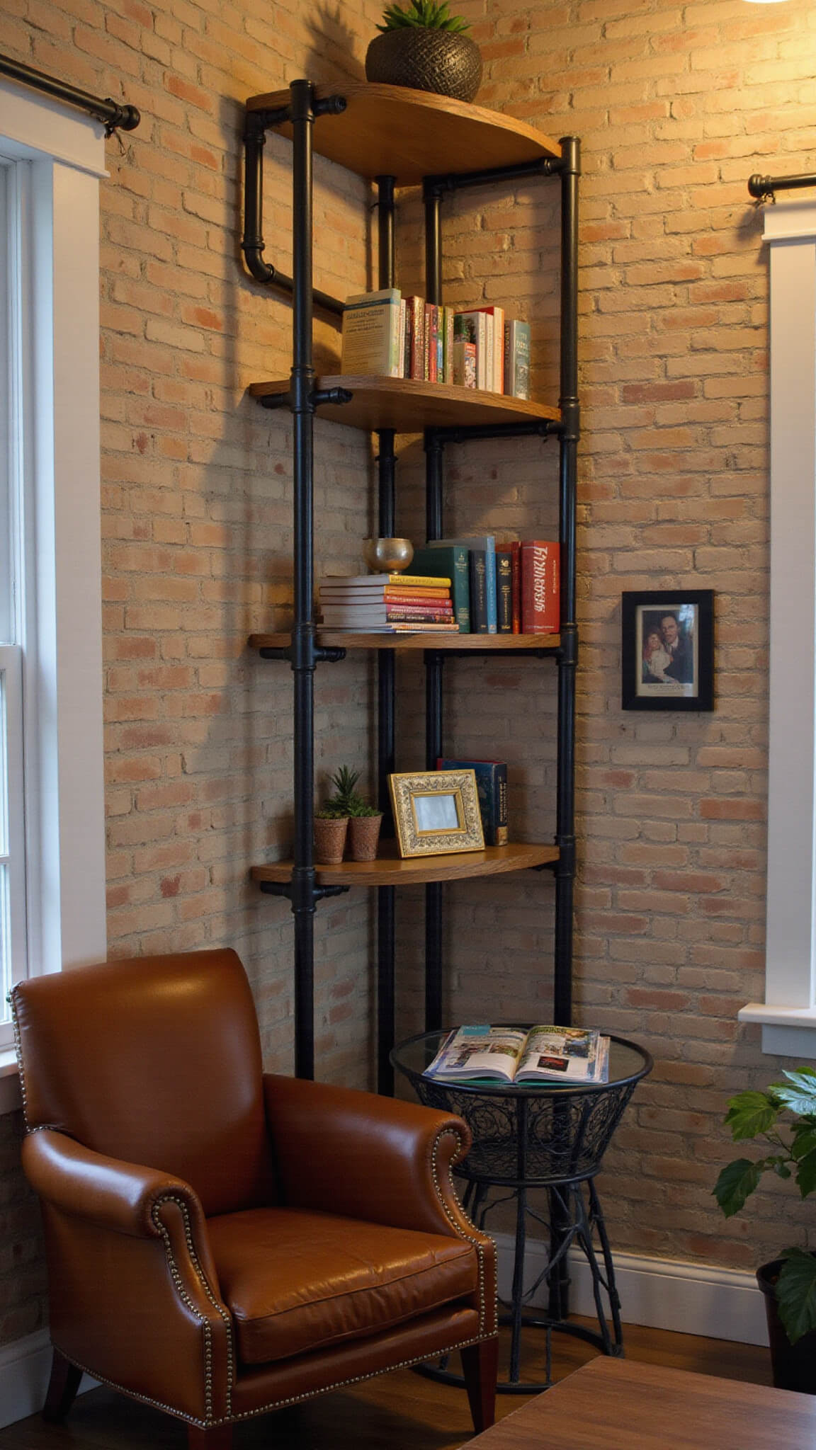 Cozy reading nook with vintage leather armchair, industrial bookshelf, repurposed basketball hoop magazine holder, and warm LED lighting in a small corner space.