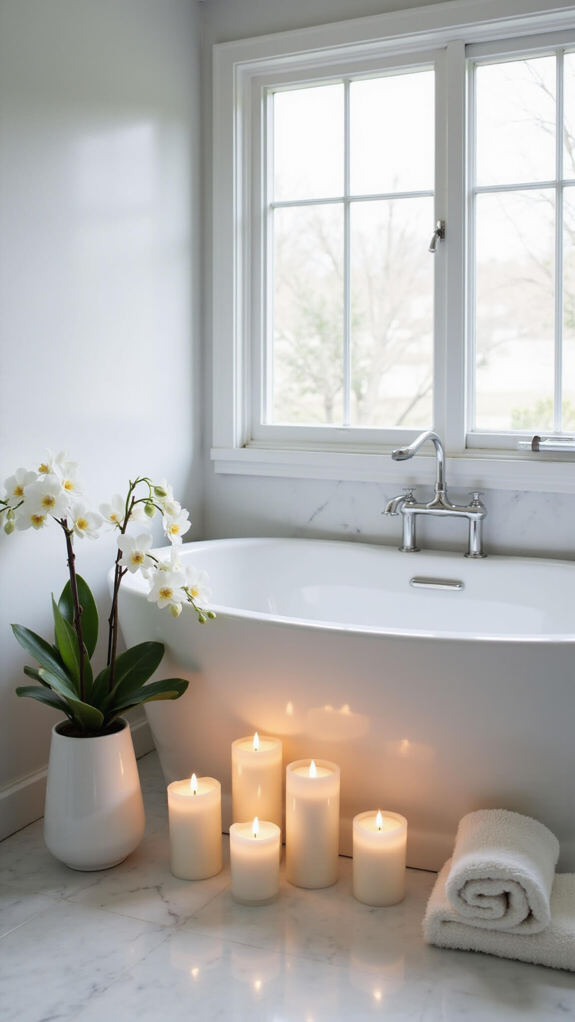 Minimalist bathroom with flameless candles around freestanding tub, marble tiles, floor-to-ceiling windows, white orchids, and plush towels in soft morning light.