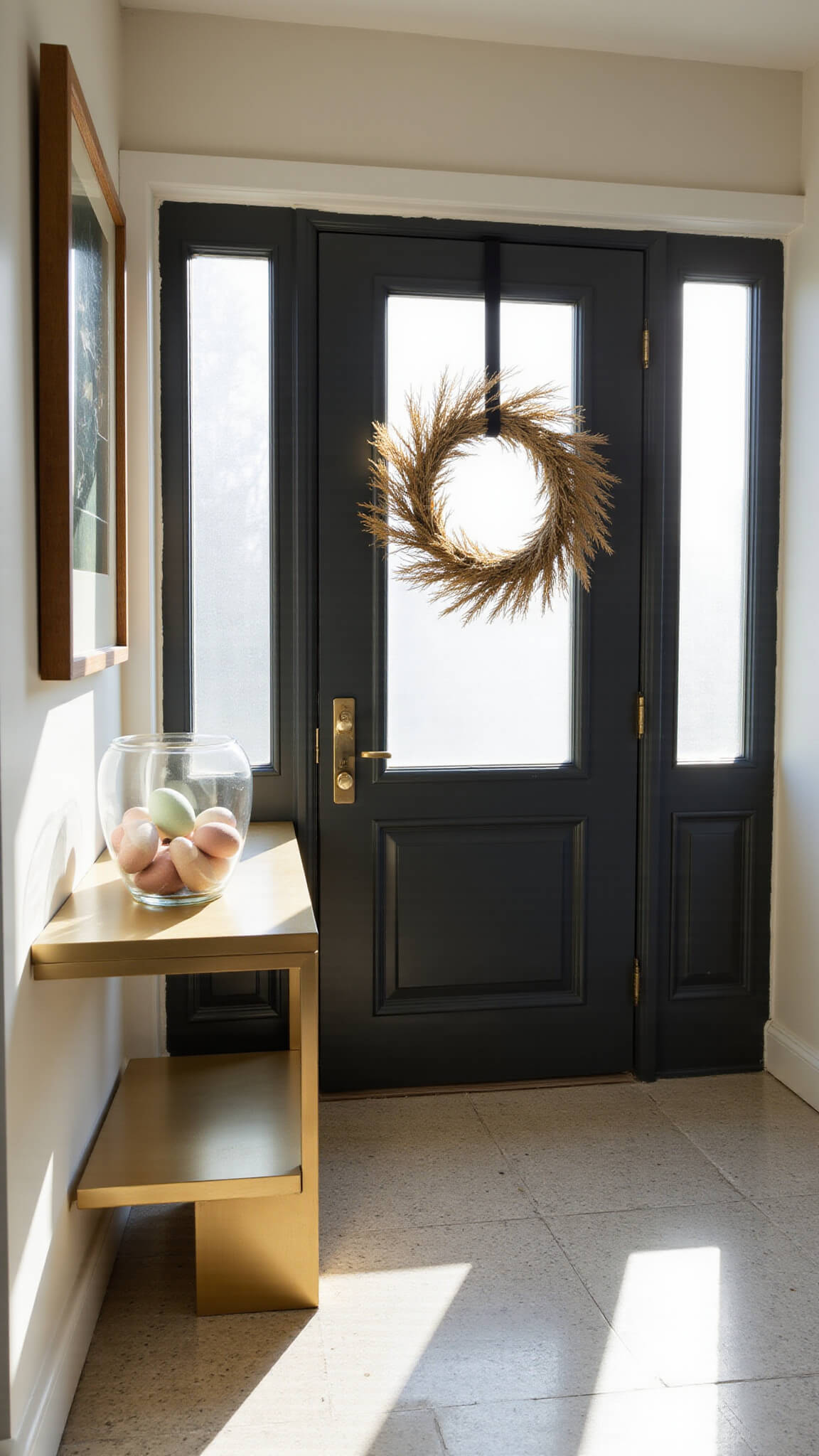 Modern pastel entryway with terrazzo floors, brass console table, ombre-painted egg decor, geometric wreath on black door, and golden hour side lighting.