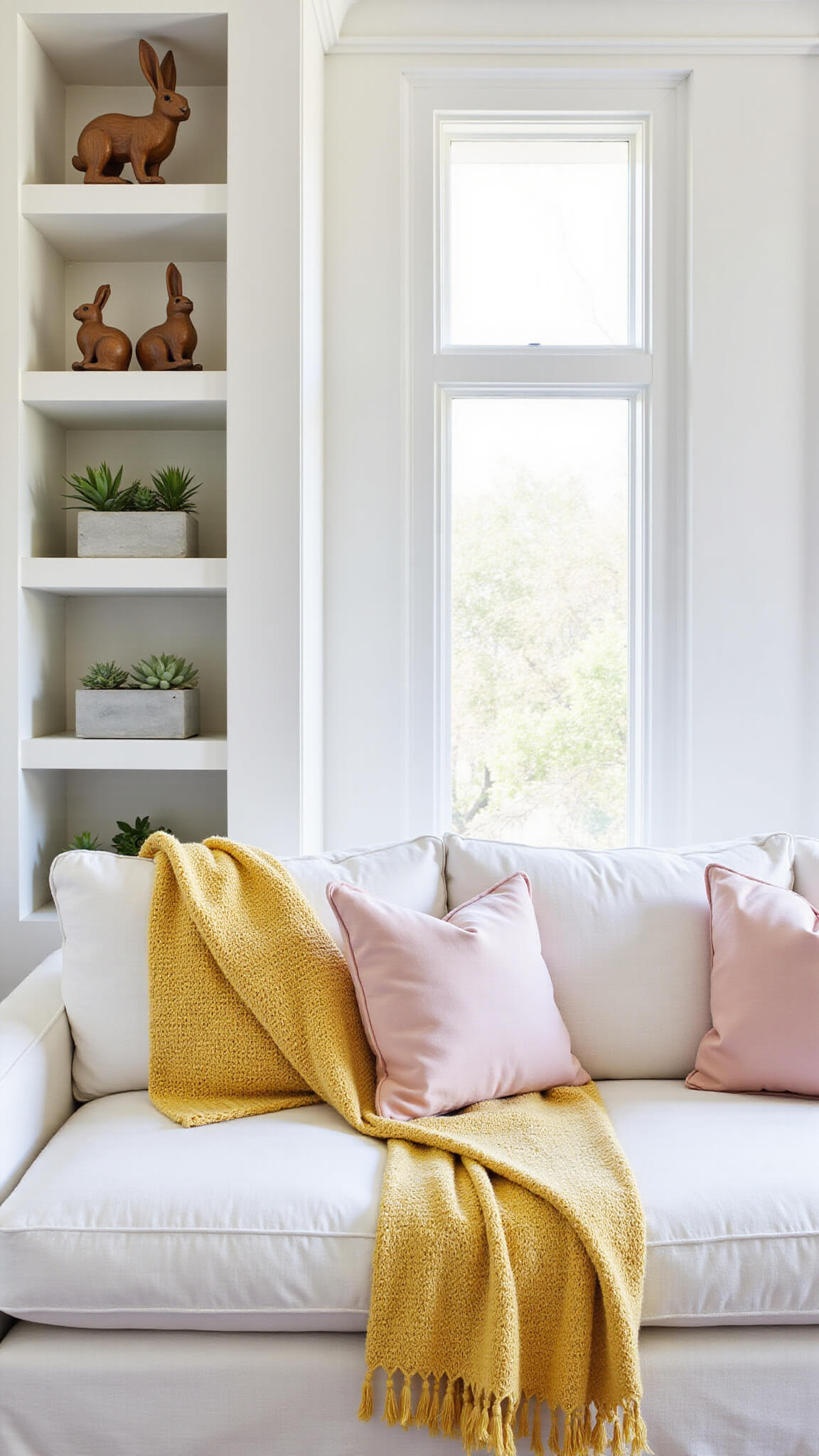 Bright, airy contemporary living room with large windows, styled bookshelf featuring wooden rabbit sculptures and succulents, white linen sofa with yellow and pink throws, in soft afternoon light.