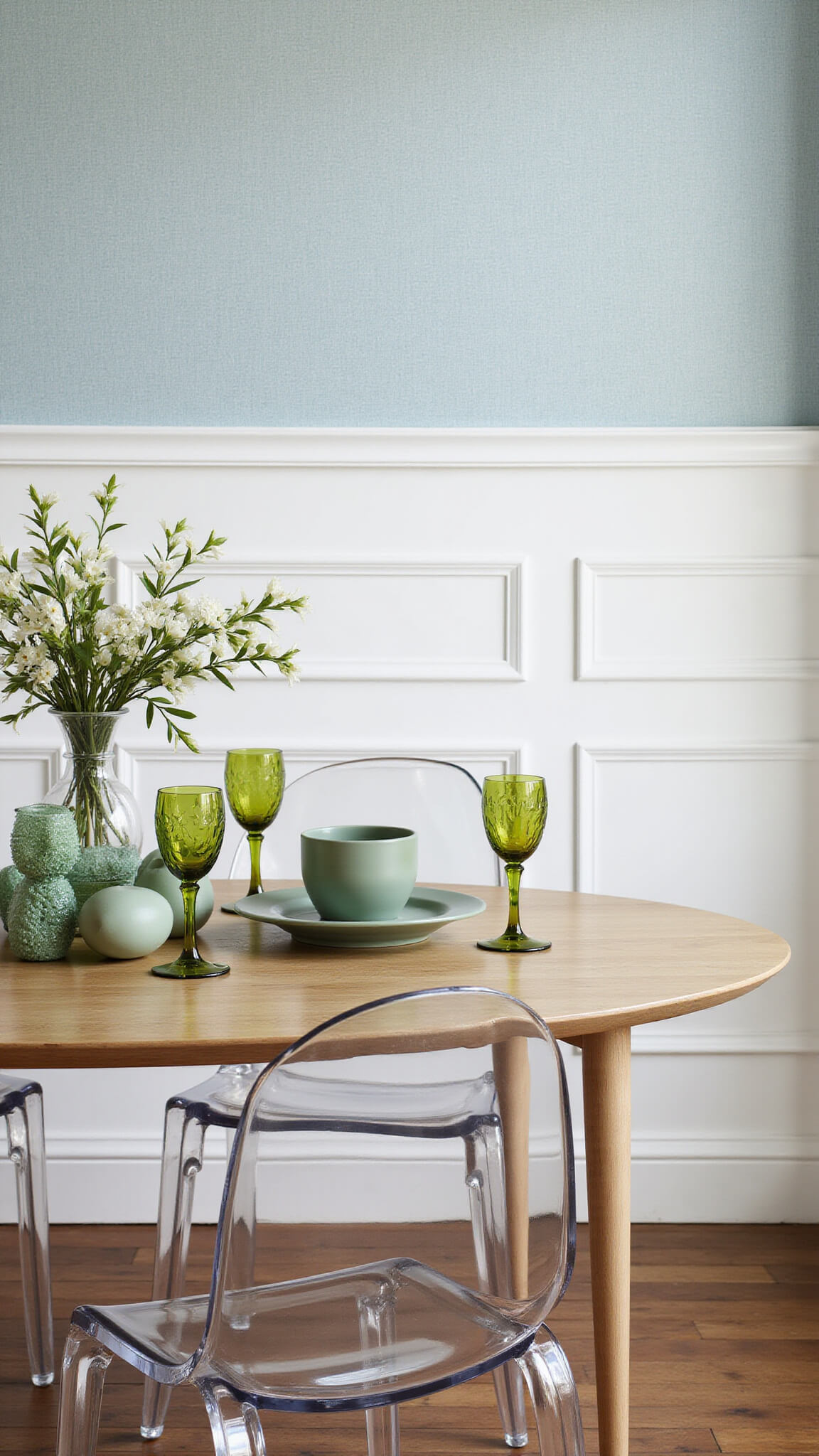 Elegant Easter dining setup in a 12'x14' room with pale blue grasscloth walls, bleached oak oval table, sage green ceramics, gold-rimmed crystal, glass egg centerpiece, and ghost chairs.