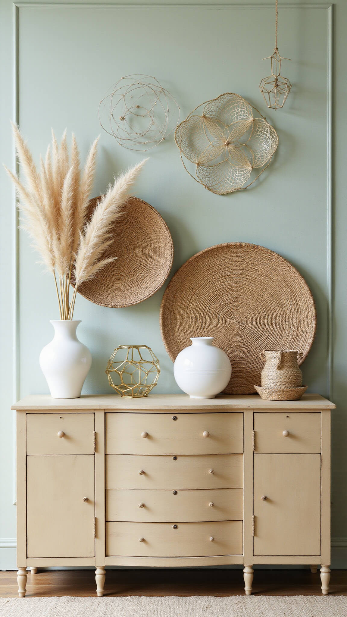 Vintage sideboard with woven baskets, white ceramics, paper grass, and brass spring sculptures against pale sage wall in soft morning light.