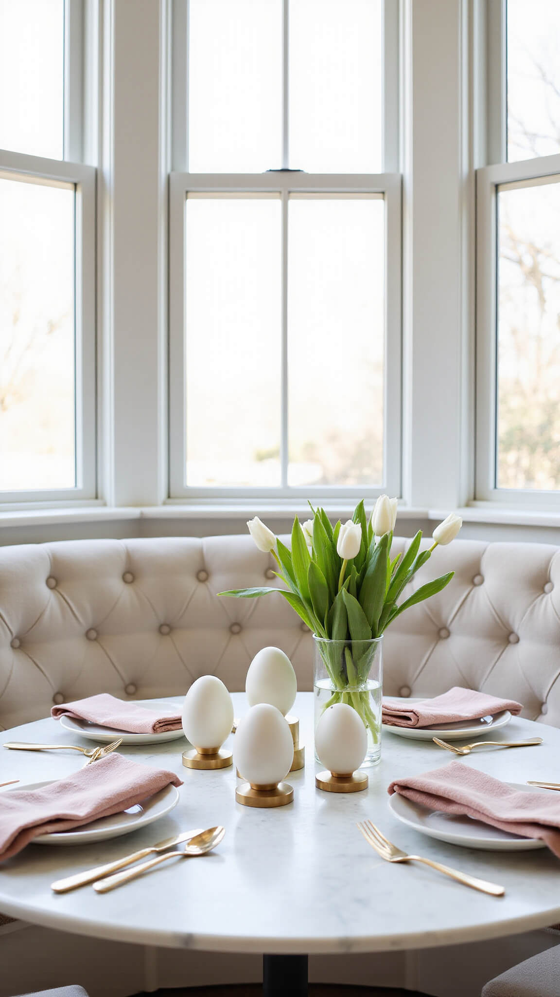Minimalist Easter breakfast nook with round marble table, ceramic eggs on brass stands, blush pink napkins, gold flatware, and tulips in morning light.