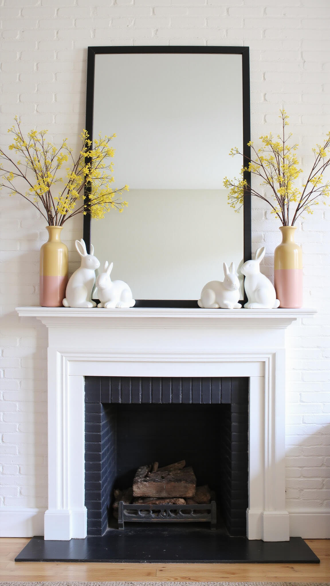 Modern spring mantel with white brick fireplace, oversized mirror, glass vases with yellow and blush branches, and matte white ceramic bunnies.