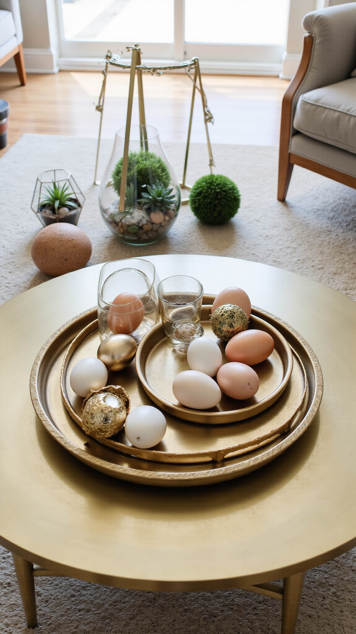 Sunlit living room with large round brass coffee table styled with pastel and metallic eggs, moss spheres, and terrariums, viewed from above.