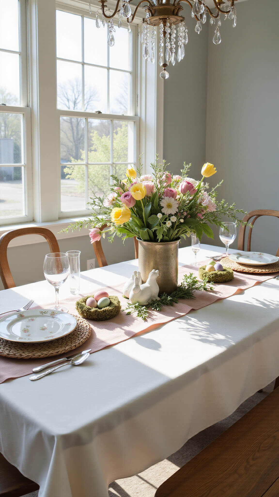 Traditional Easter dining room with floral centerpiece, pastel decor, and vintage table settings in sunlit space.