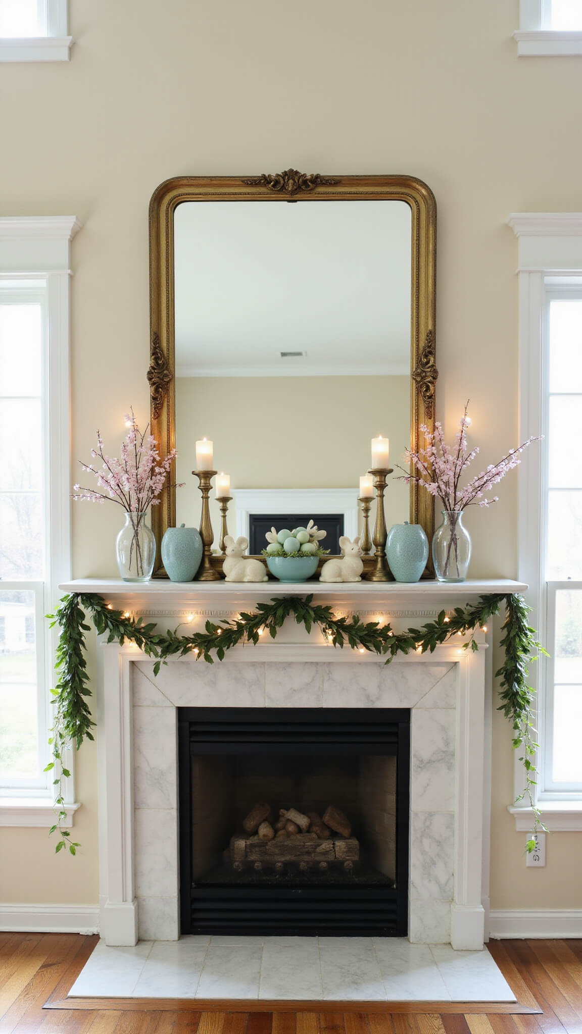 Sunlit living room with white marble fireplace mantel decorated with gold mirror, eucalyptus garland, blue ceramic eggs, candlesticks, ivory bunnies, and cherry blossoms.