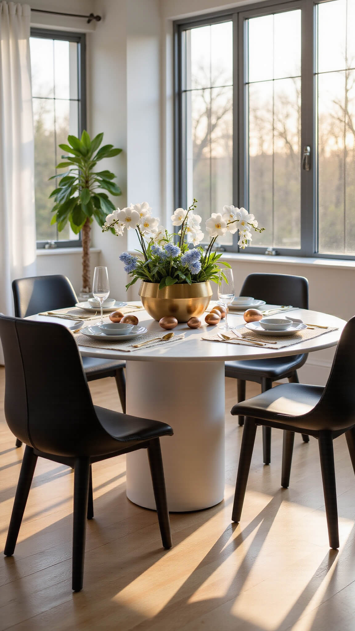 Modern breakfast nook at golden hour with marble table, floral centerpiece, metallic Easter eggs, and minimalist decor.