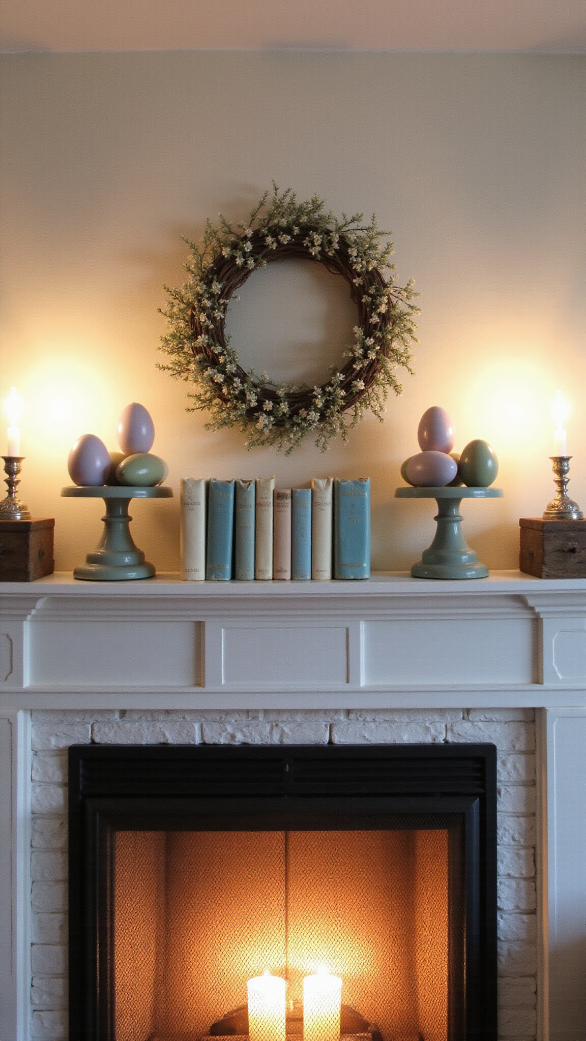 Cozy cottage-style sitting room at dusk with a warm white painted brick fireplace, pastel Easter decor on the mantel, hand-painted eggs on vintage books, and a grapevine wreath with white flowers, softly lit by LED candles.