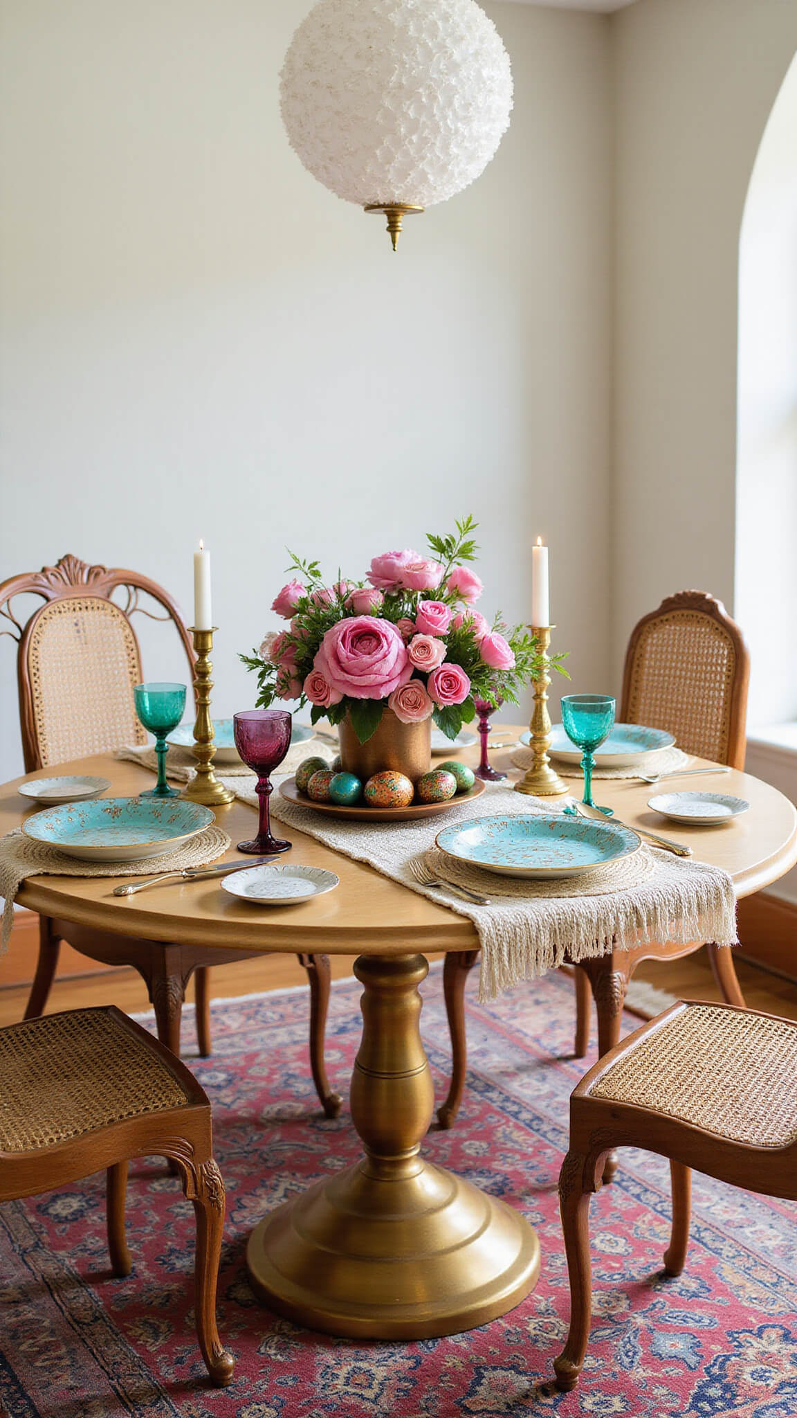 Bohemian Easter table in cozy dining alcove with macramé runner, brass candlesticks, jewel-toned eggs, turquoise plates, pink flowers, and vintage decor.