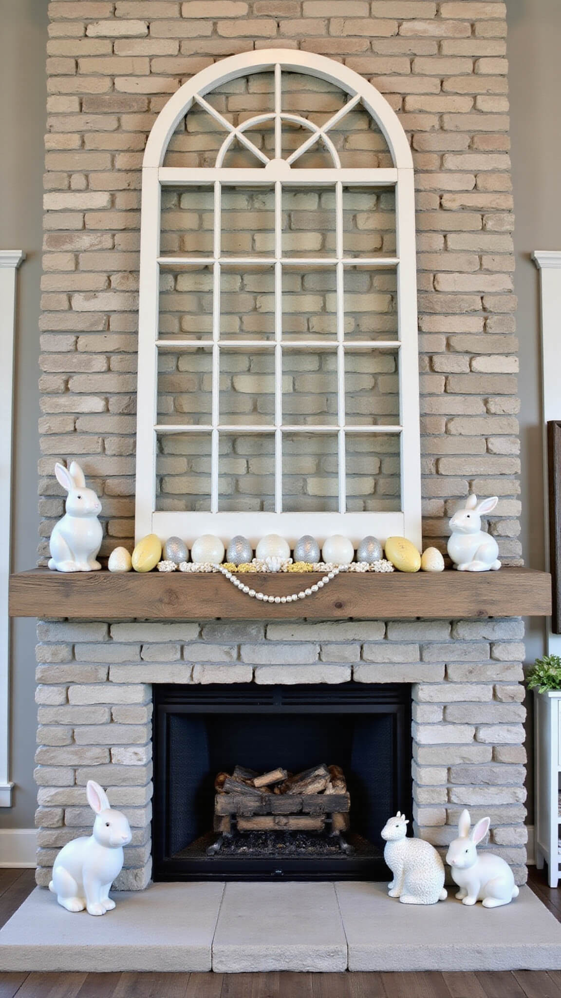 Modern farmhouse great room with 14' ceilings, stone fireplace, weathered oak mantel decorated with arched window frame, pearl garland, pastel eggs, and white ceramic bunnies, captured at blue hour with dramatic uplighting.