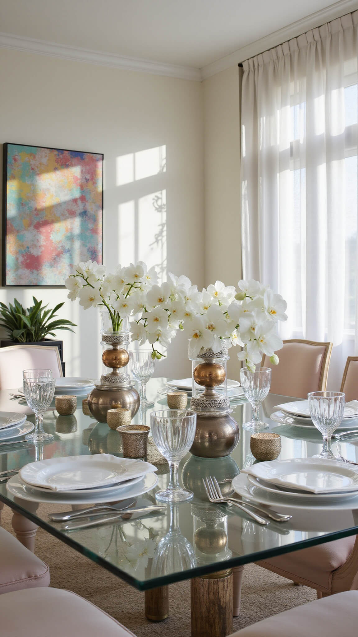 Low-angle view of a formal dining room with a glass table displaying metallic Easter eggs on lucite risers, ghost chairs with blush cushions, orchids in crystal vases, and sunlight casting shadows through sheer curtains.