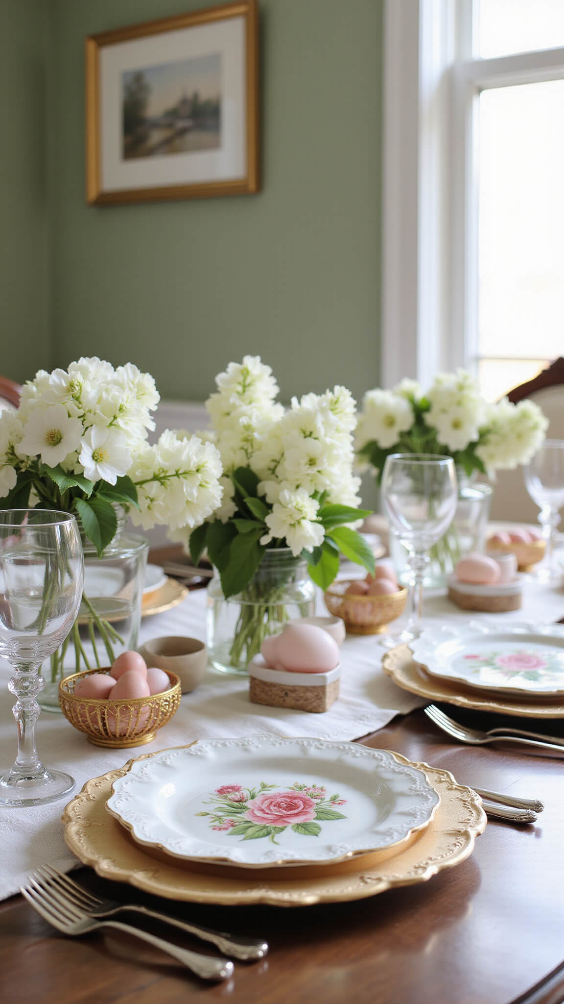 Close-up of an elegant Easter breakfast table with botanical porcelain plates, rose quartz eggs in gold baskets, lilacs and hellebores on ivory linens, antique silverware, and crystal glasses in natural morning light.