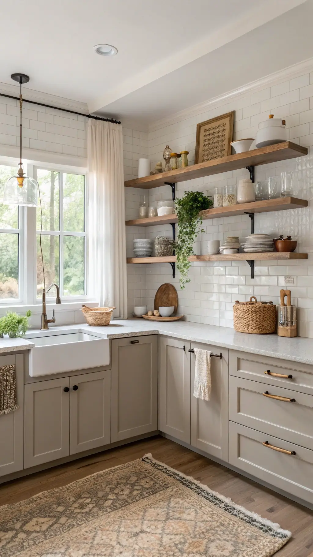 Cozy morning kitchen with taupe L-shaped cabinets, cream zellige tile backsplash, white oak shelves displaying pottery and glassware, and warm natural light through sheer linen café curtains.