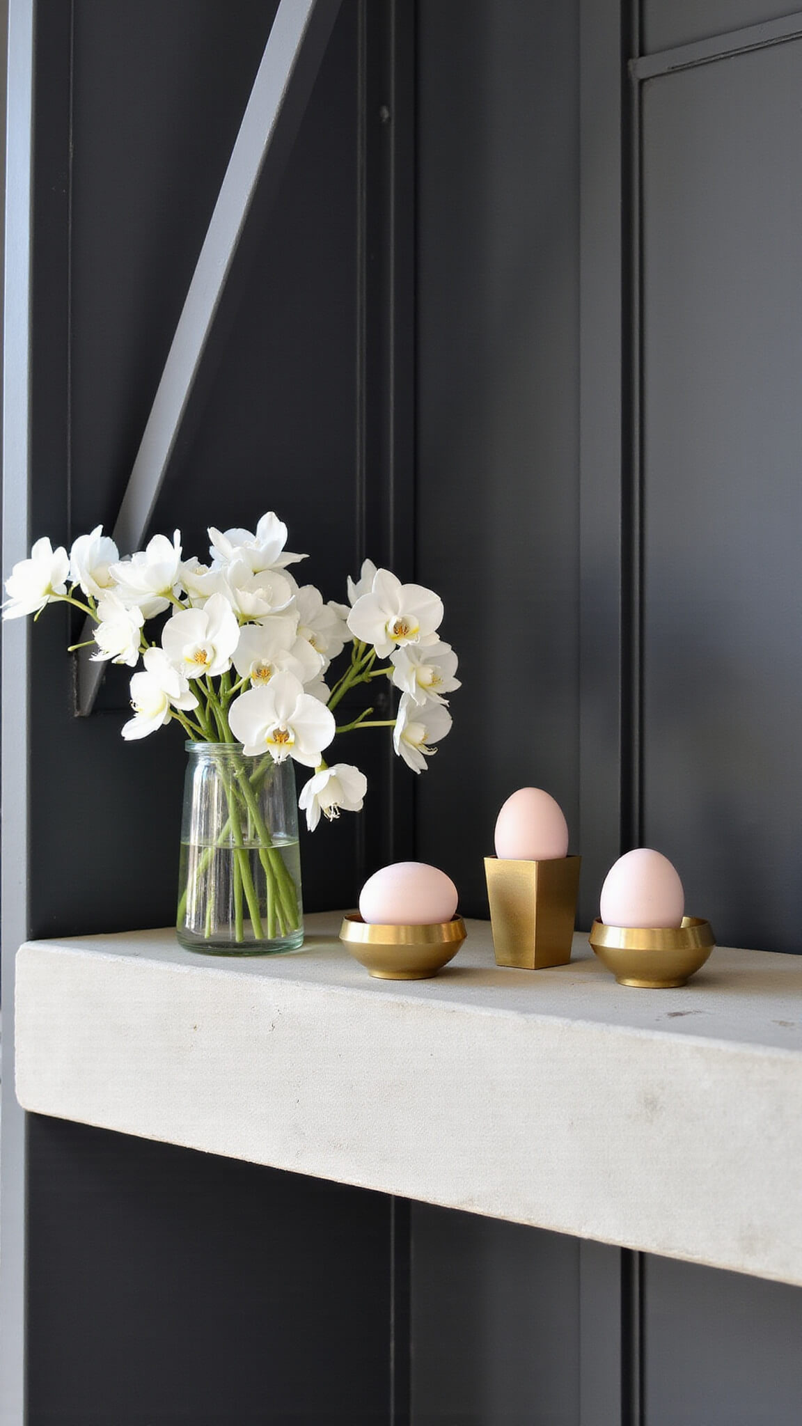 Minimalist loft with floating concrete mantel, black steel surround, brass vessels with pale pink eggs, and white orchids in strong midday light.