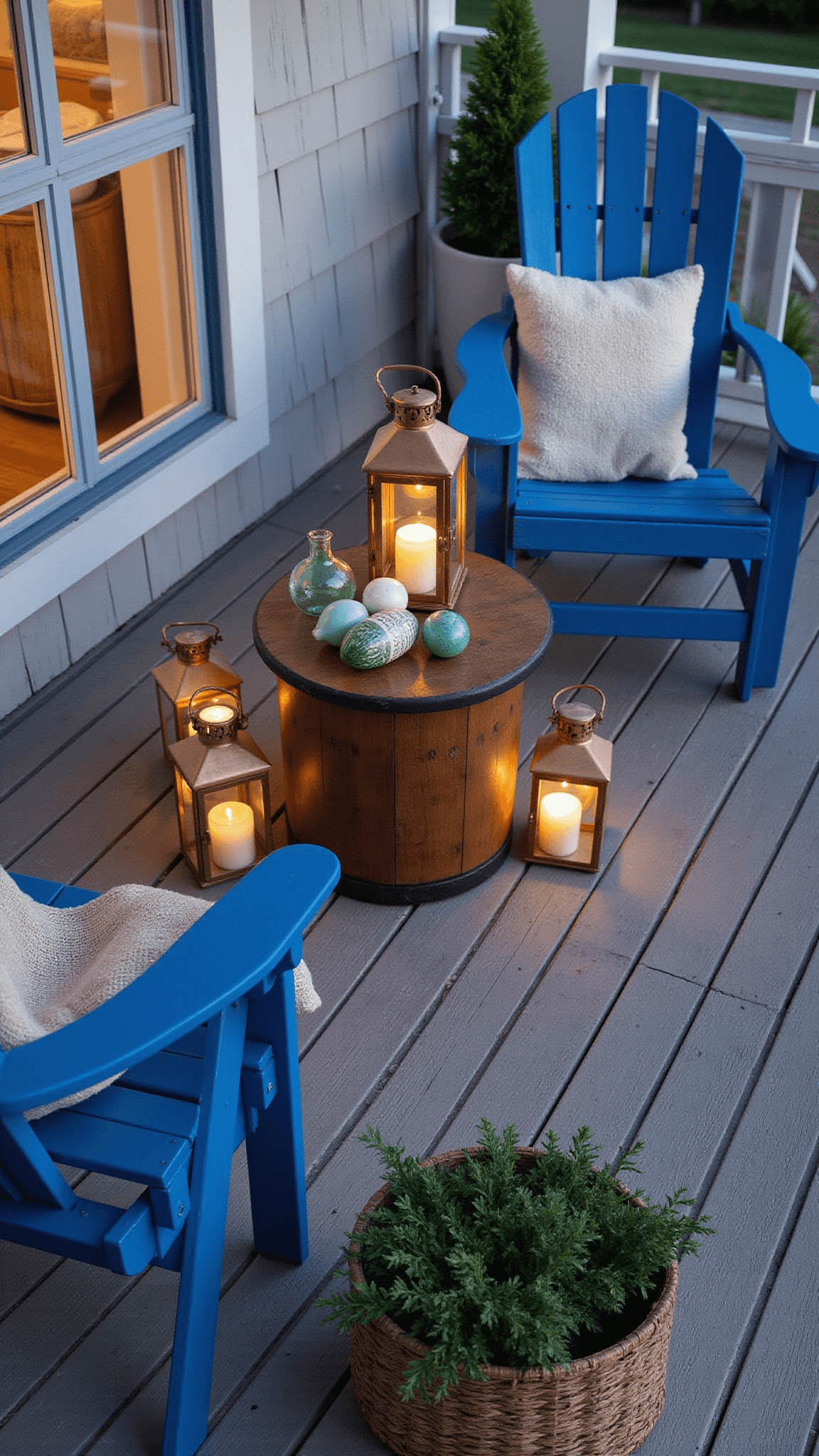 High-angle view of a cozy 12x15ft beachside porch at dusk with blue Adirondack chairs around a weathered barrel table, glowing copper lanterns, cream throws, vintage glass buoys, and seagrass baskets with coastal grasses.