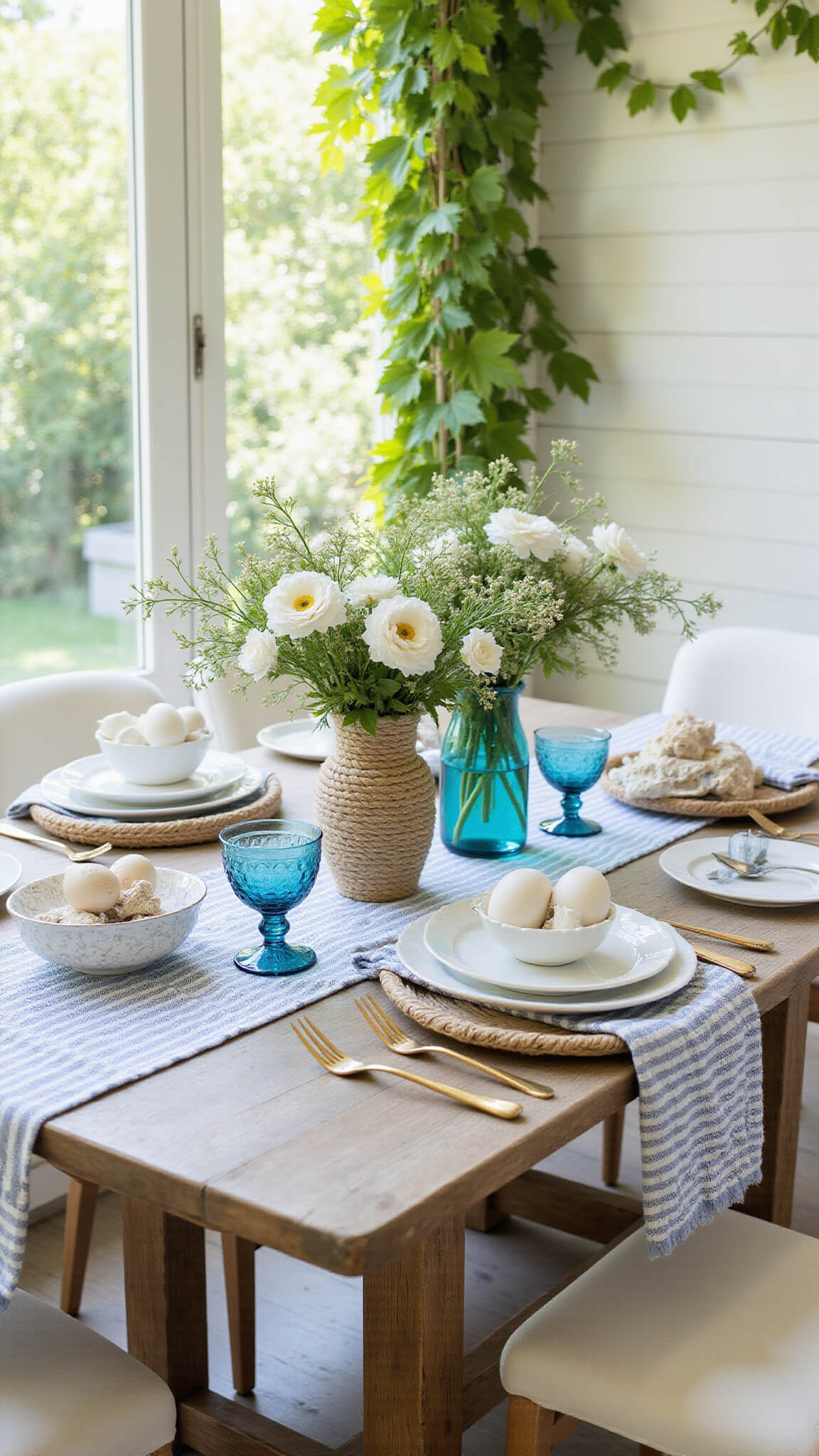 Coastal-themed Easter sunroom dining space with teak table, sea-inspired decor, and dappled morning light through vines.