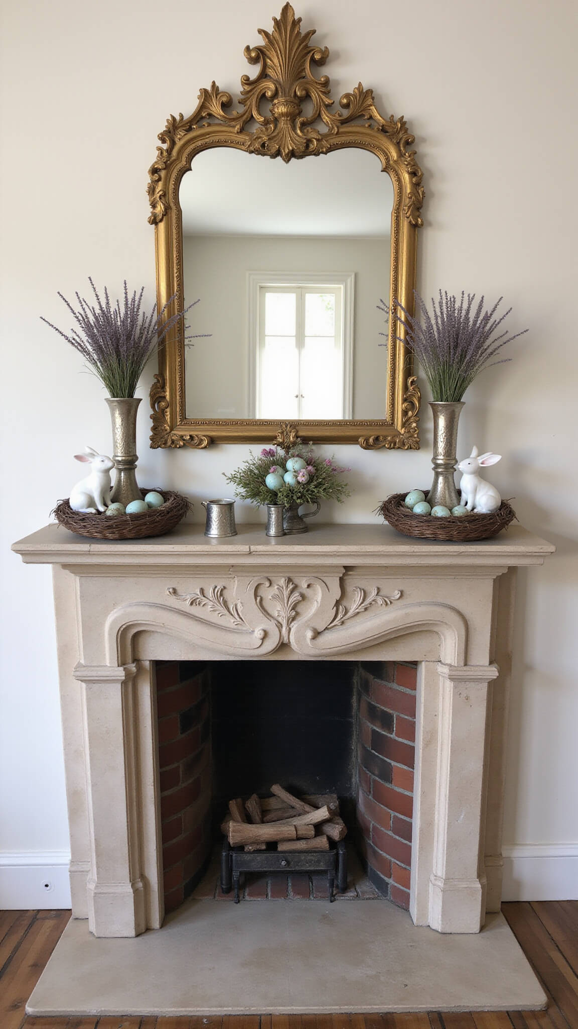 French country sitting room with carved limestone fireplace, antique mirror, dried lavender, blue eggs, silver cups, and porcelain rabbits in warm afternoon light.