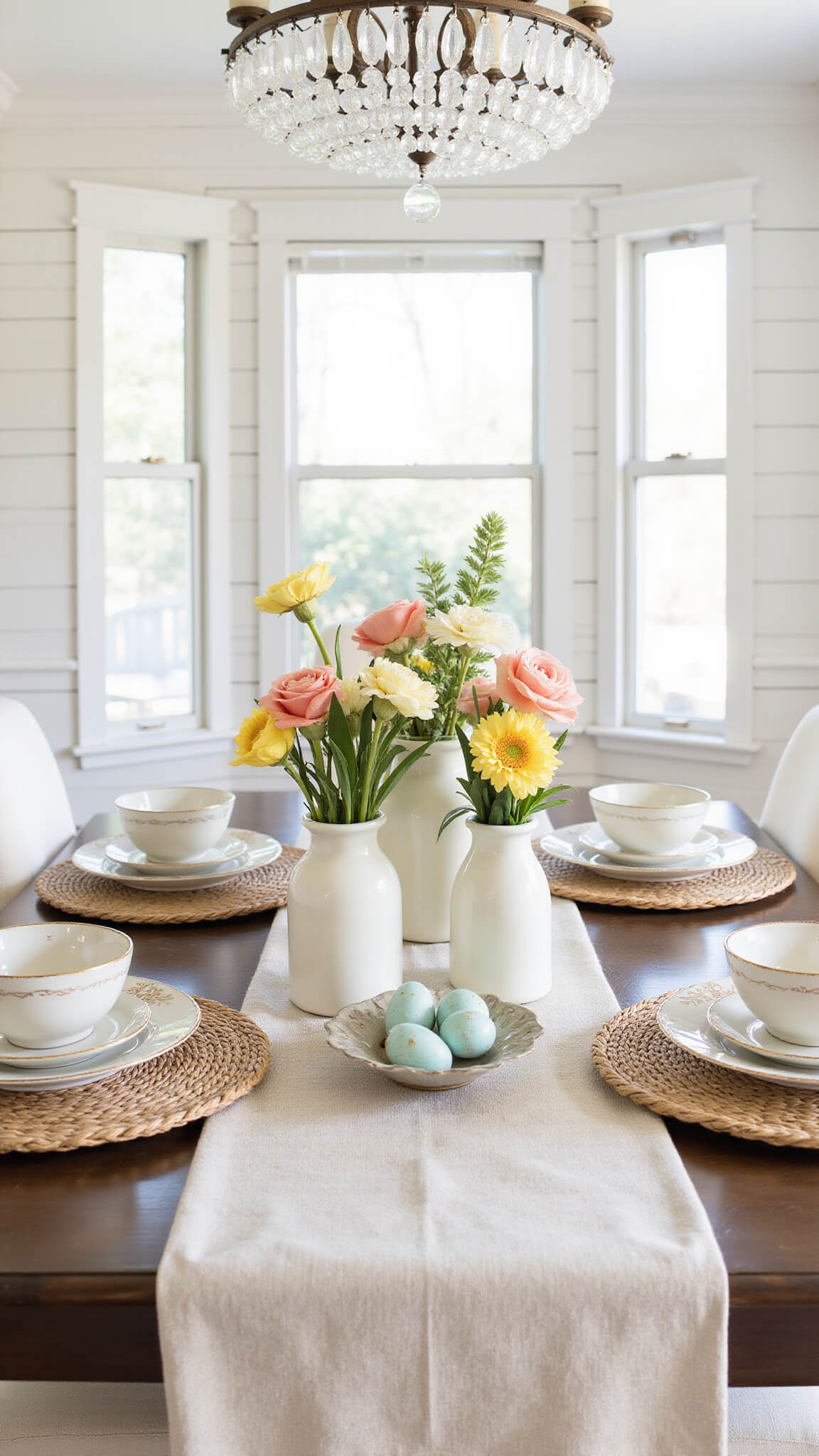 Vintage-inspired Easter brunch dining room with farmhouse table, linen runner, milk-glass vases of coral and yellow flowers, antique bread bowl of speckled eggs, and rattan chargers on scalloped stoneware, lit by morning light.