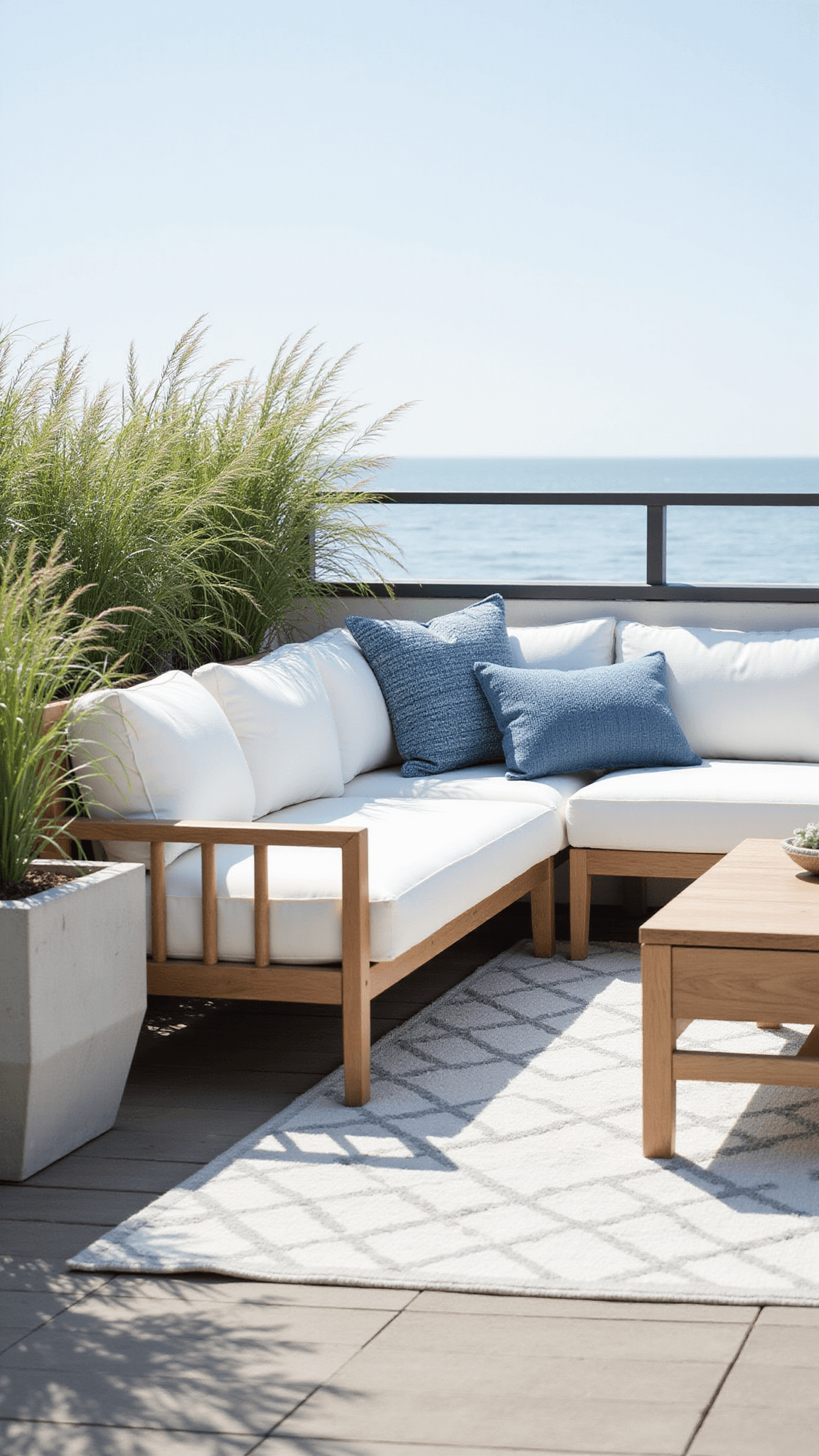 Modern coastal deck with teak sectional, blue pillows, seagrass planters, and geometric rug in bright natural light.